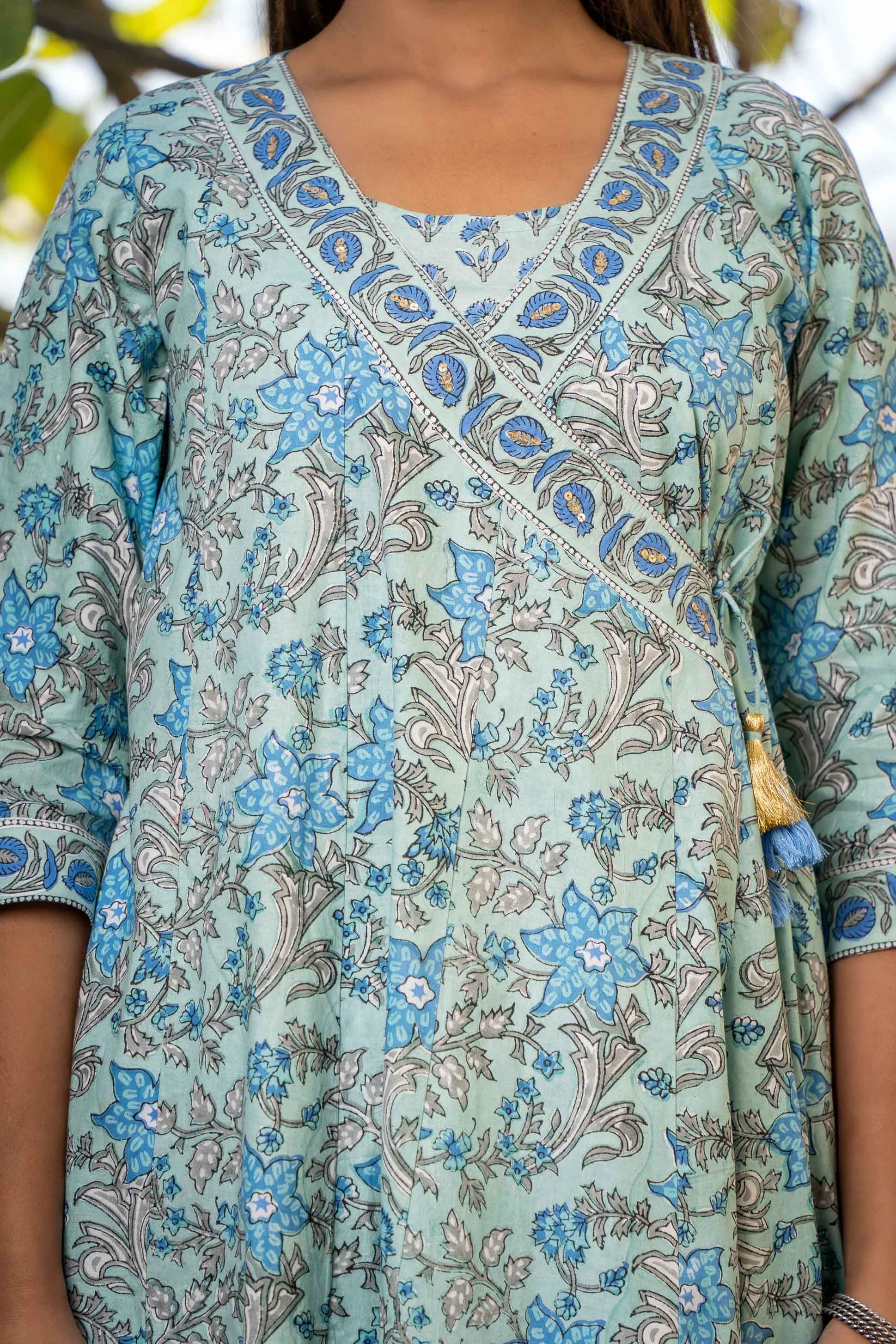 Blue Green Angrakha Kurta