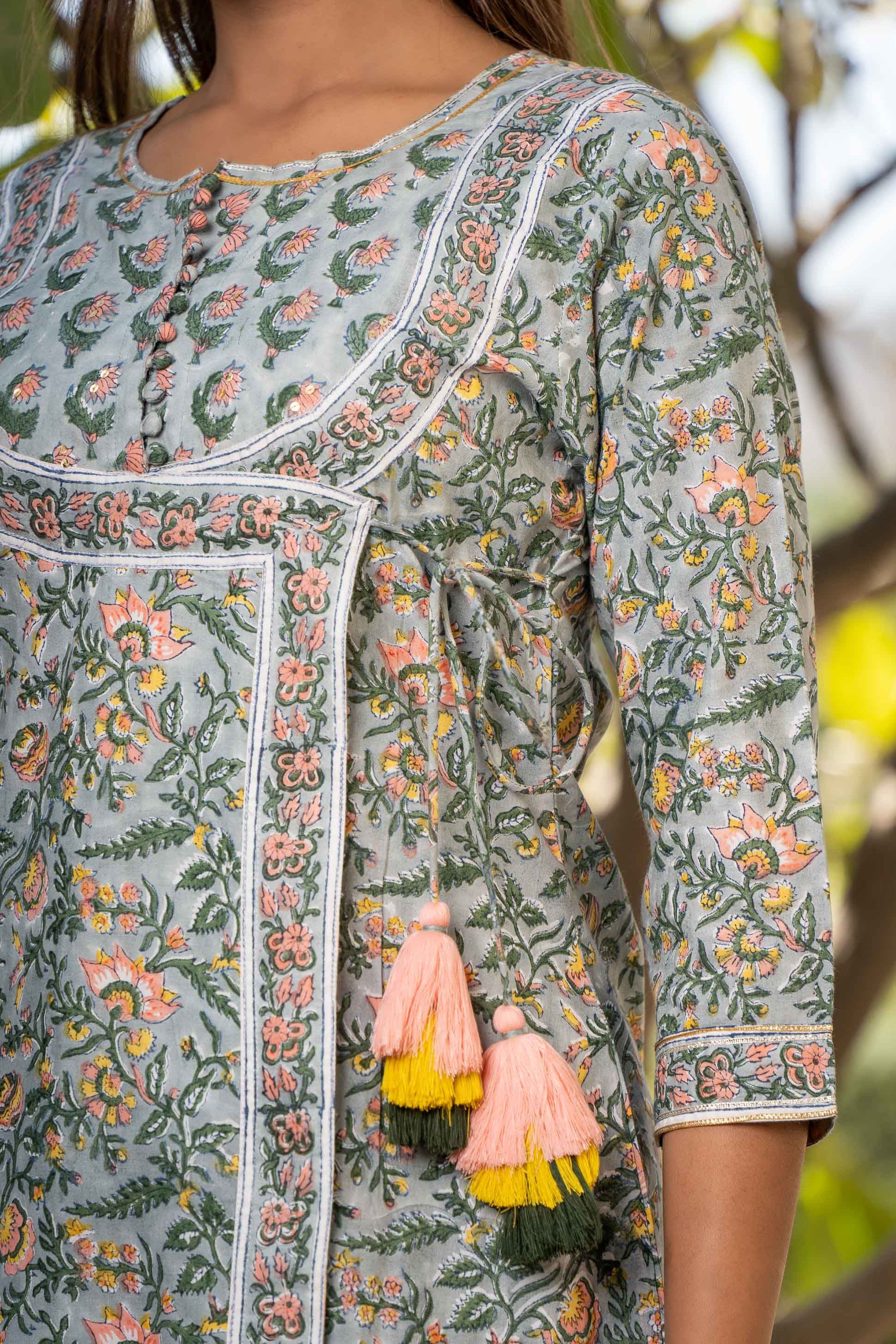 Grey Floral Angrakha Block Printed Kurta