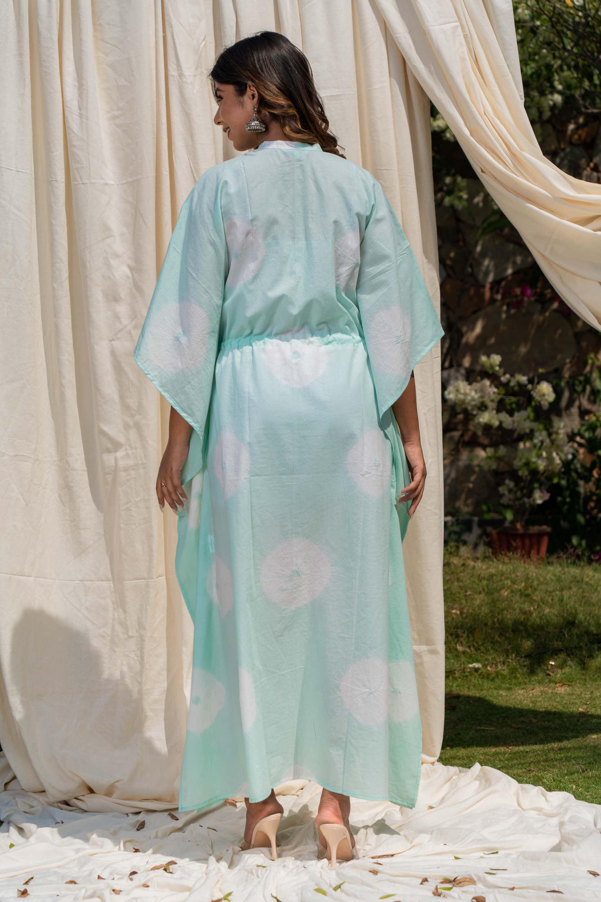 Pastel Green Shibori Block Print Kaftan