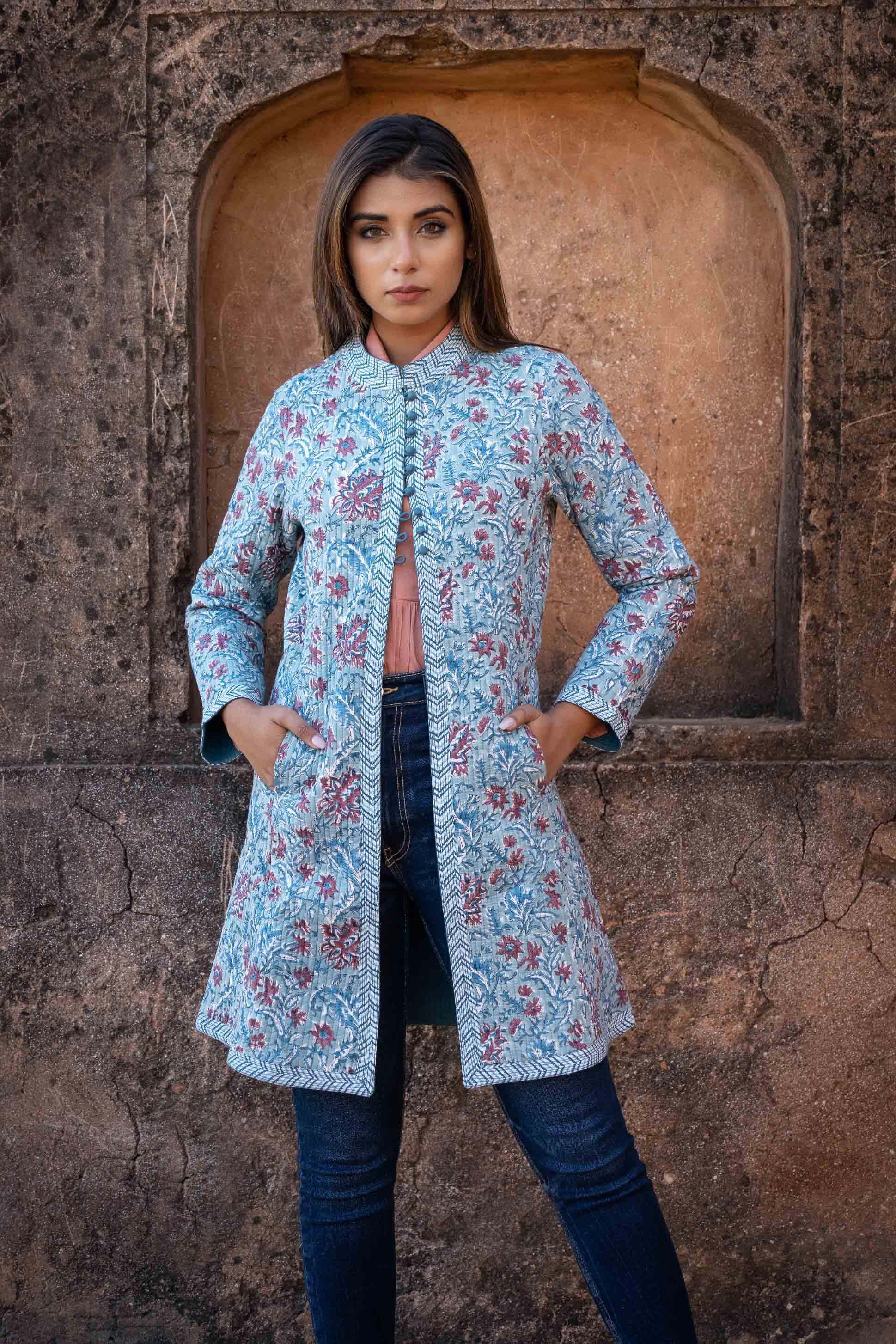 Blue Block Printed Quilted Coat