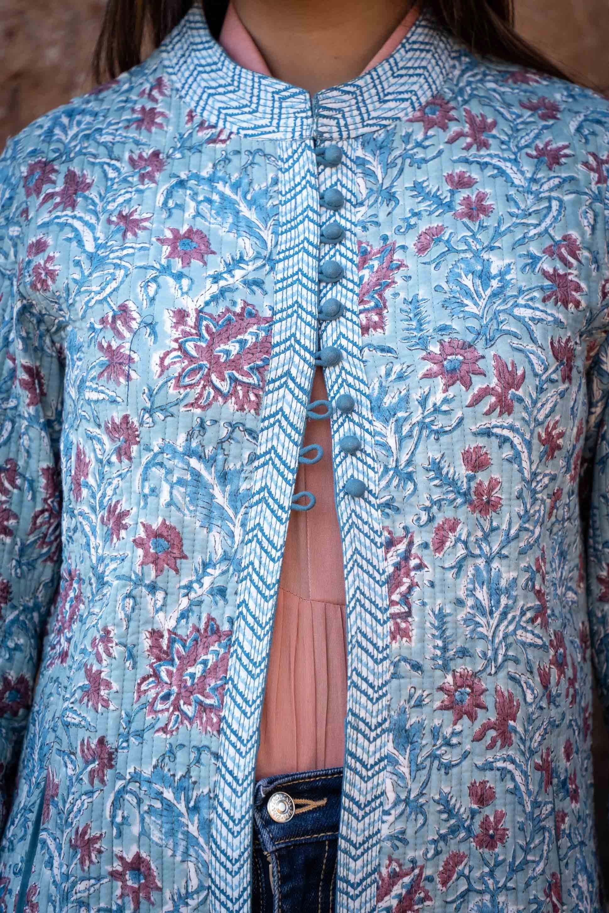 Blue Block Printed Quilted Coat