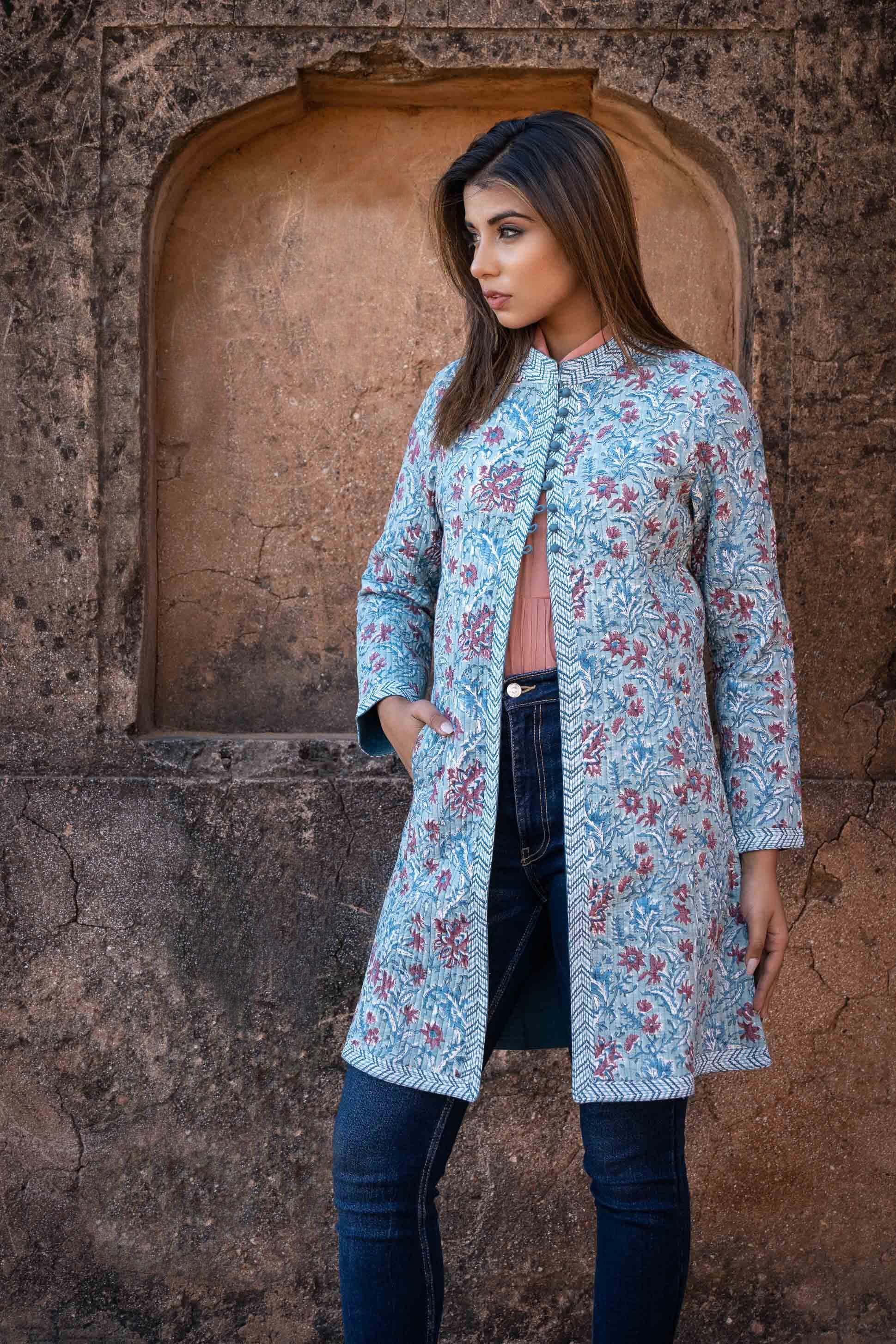 Blue Block Printed Quilted Coat