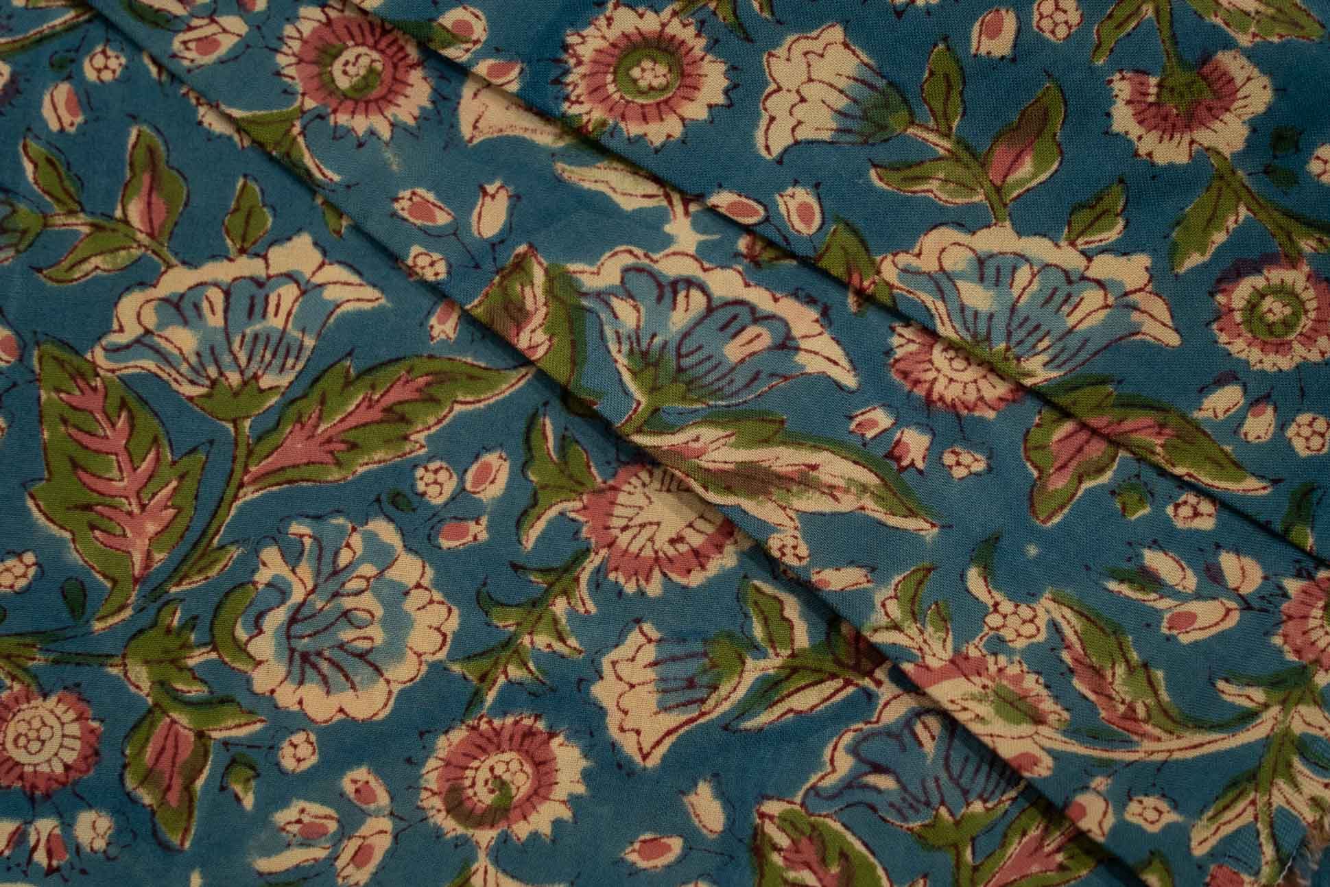 Blue Floral Hand Block Printed Fabric