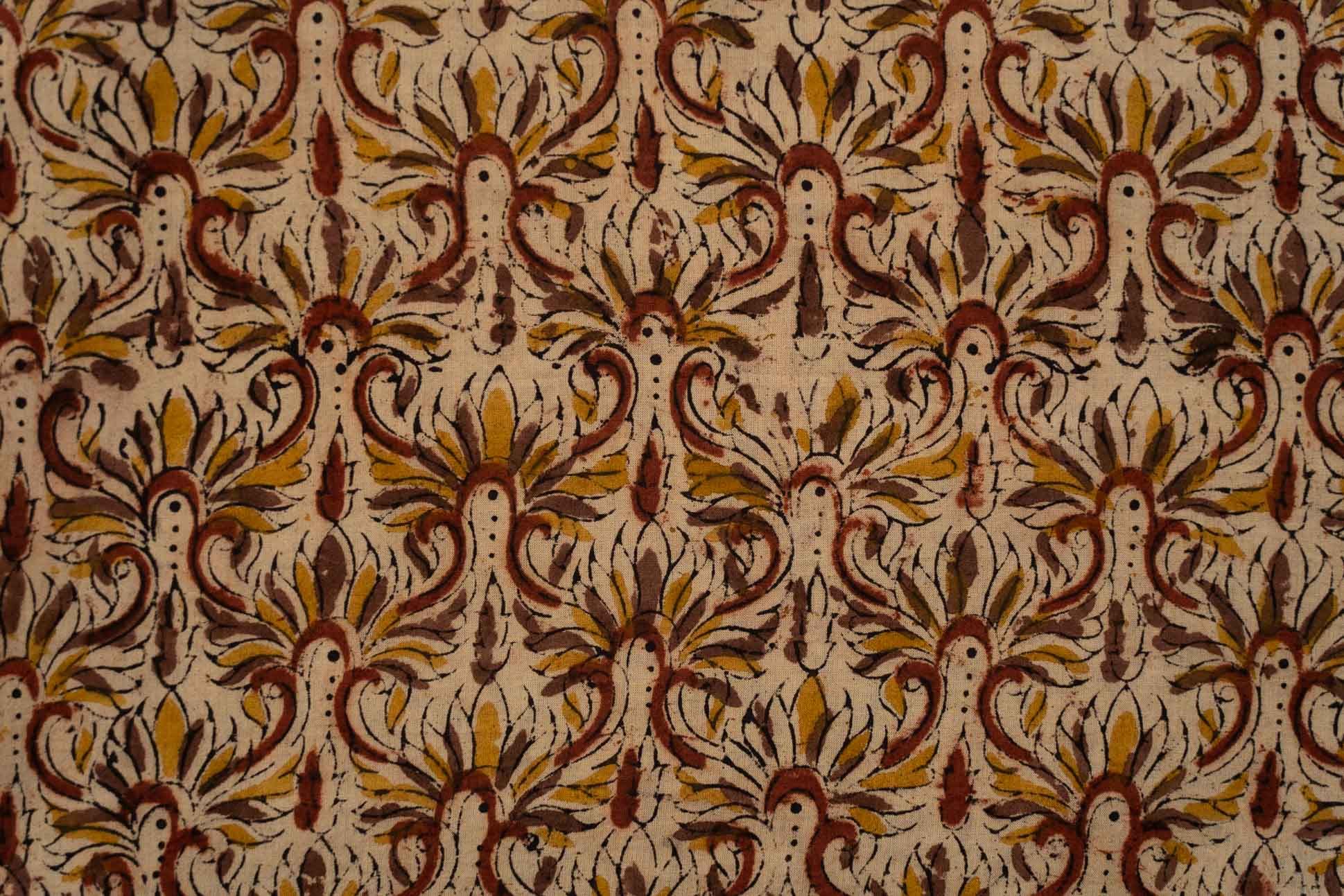 Beige Floral Kalamkari Cotton Fabric