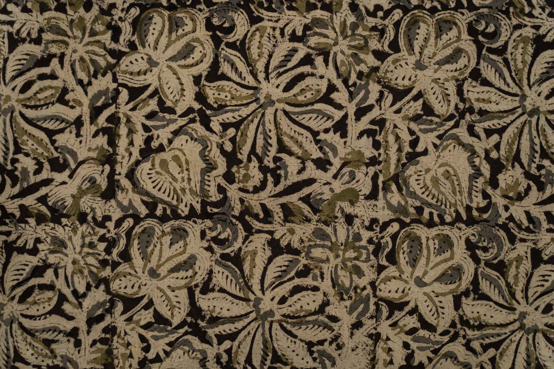 Black Floral Kalamkari Block Printed Cotton Fabric