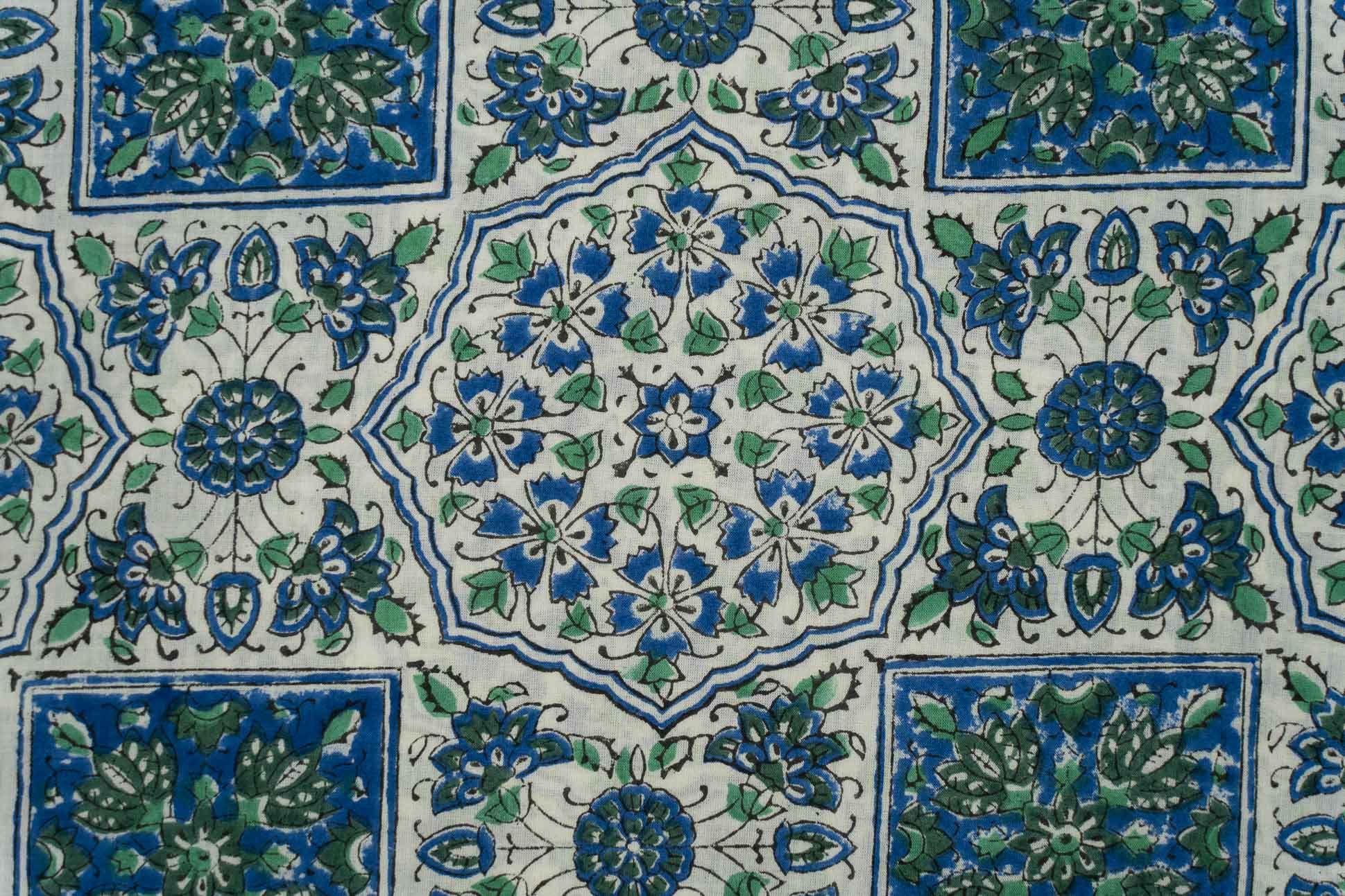 Blue Green Block Printed Fabric