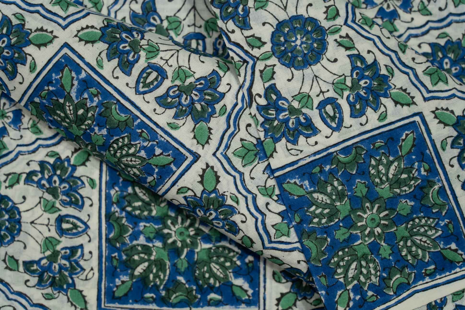 Blue Green Block Printed Fabric