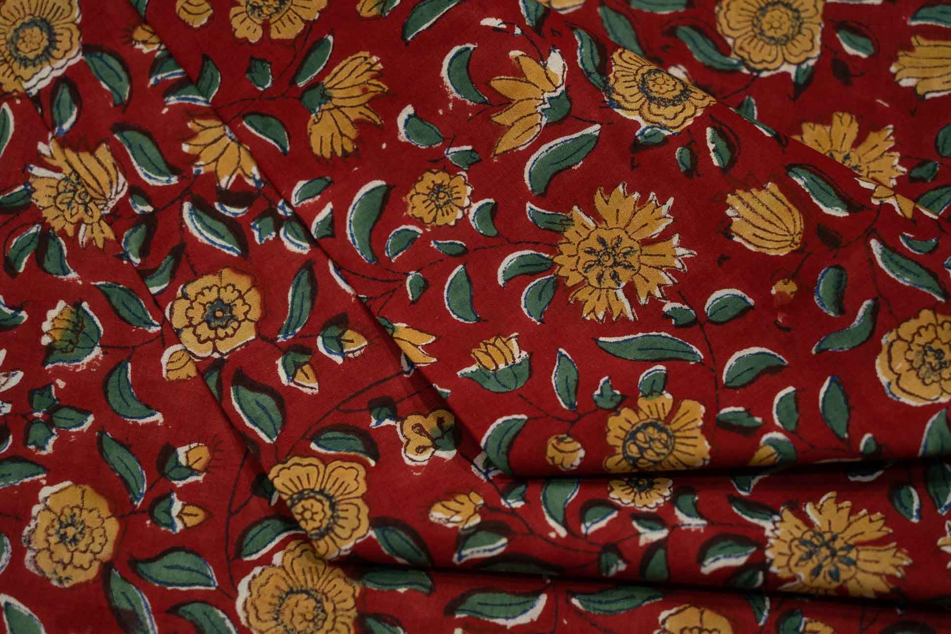 Red Floral Block Printed Fabric