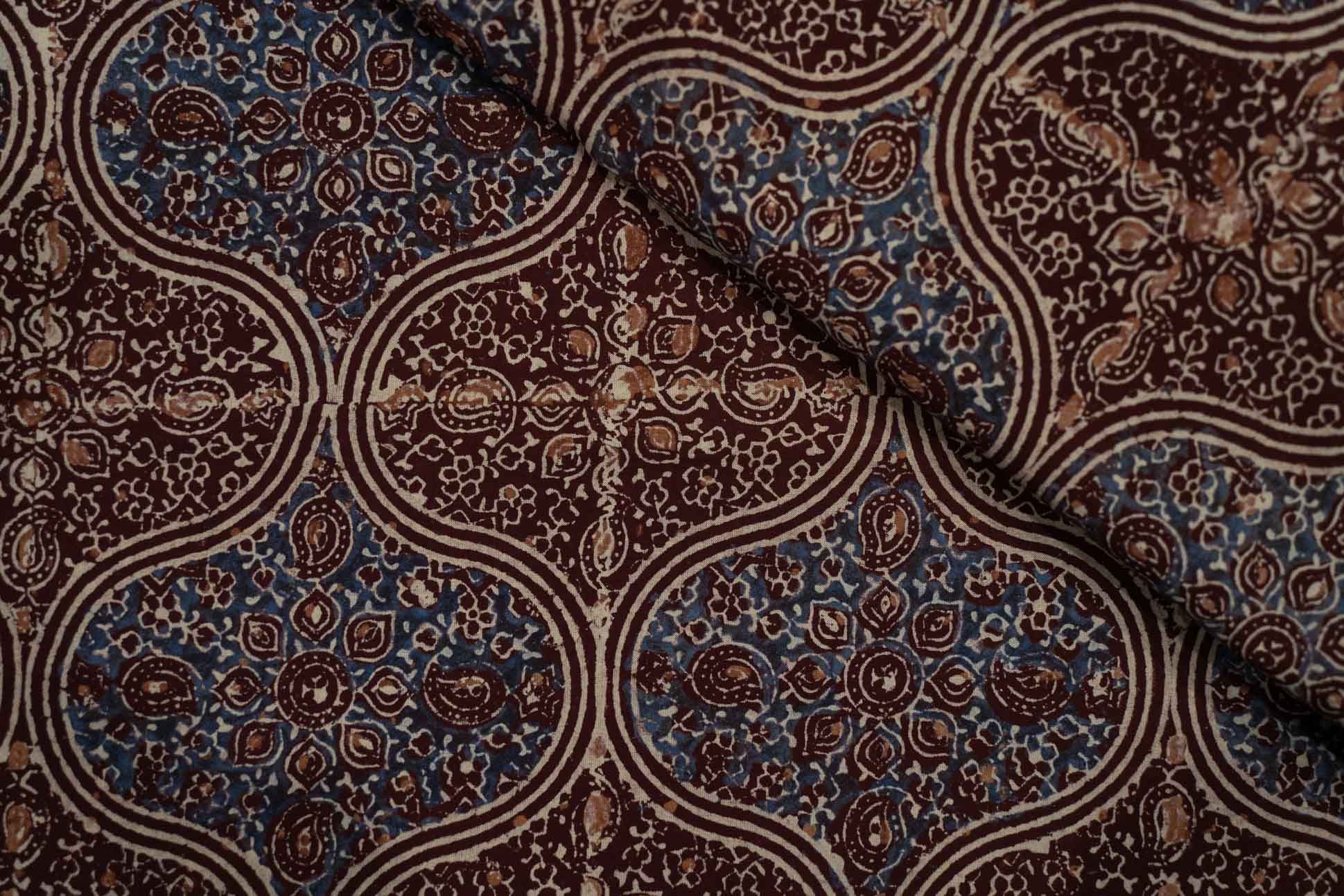 Blue Maroon Ajrakh Block Printed Fabric