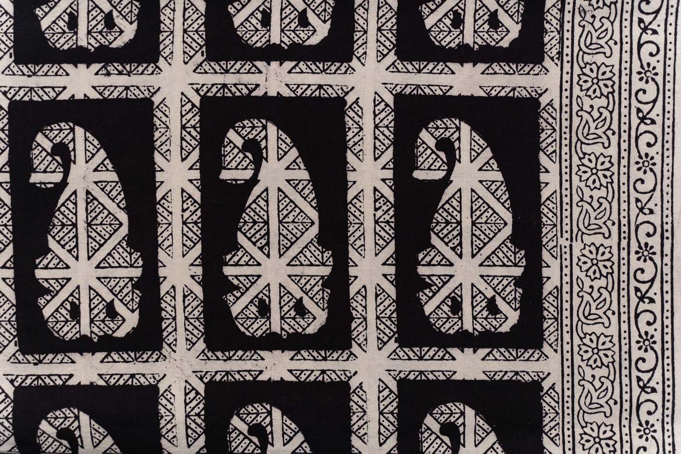 Black Paisley Bagh Block Printed Cotton Fabric