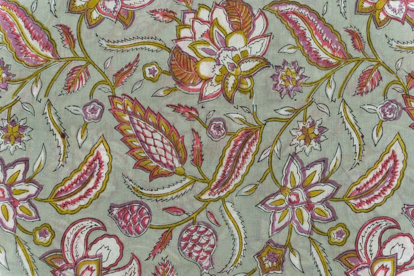 Grey Pink Floral Block Printed Fabric