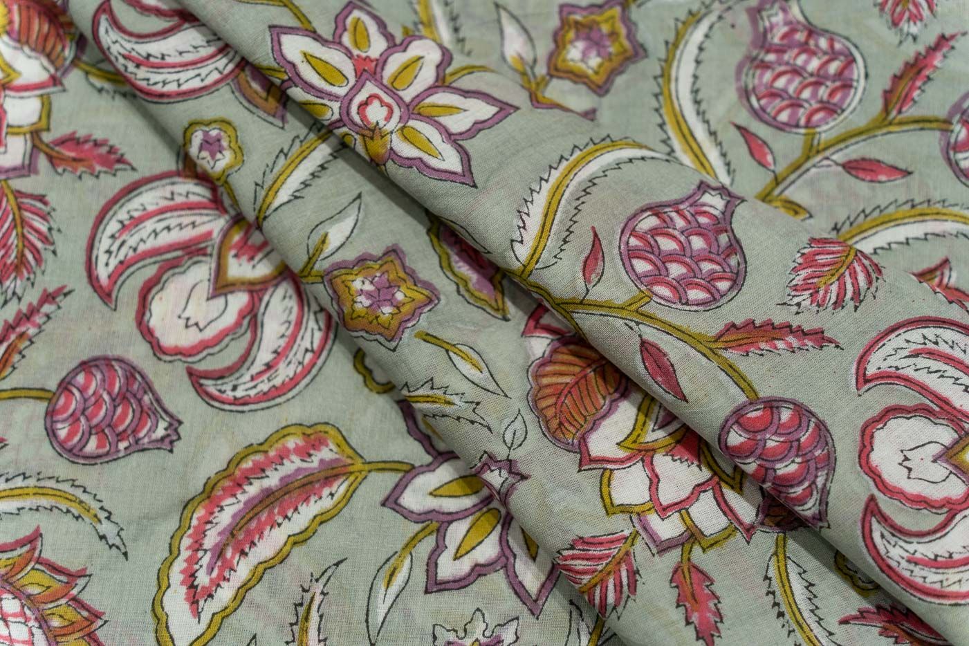 Grey Pink Floral Block Printed Fabric