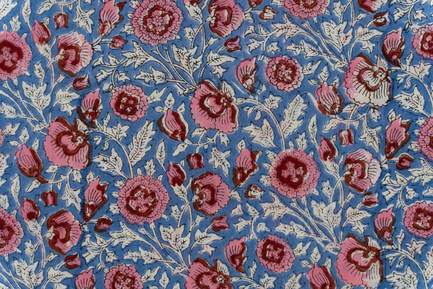 Lichen Blue Floral Block Printed Fabric