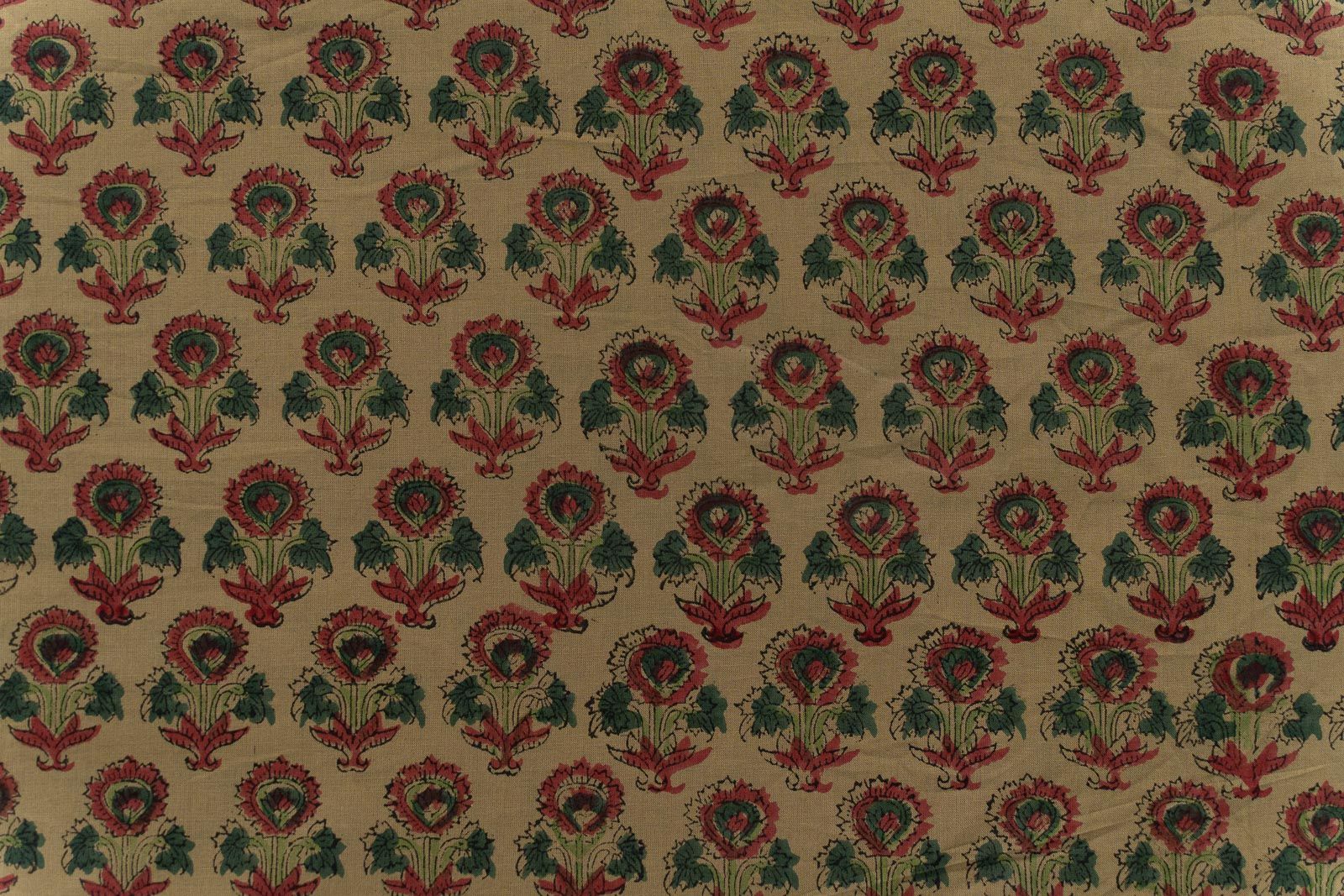 Olive Green Floral Hand Block Printed Cotton Fabric