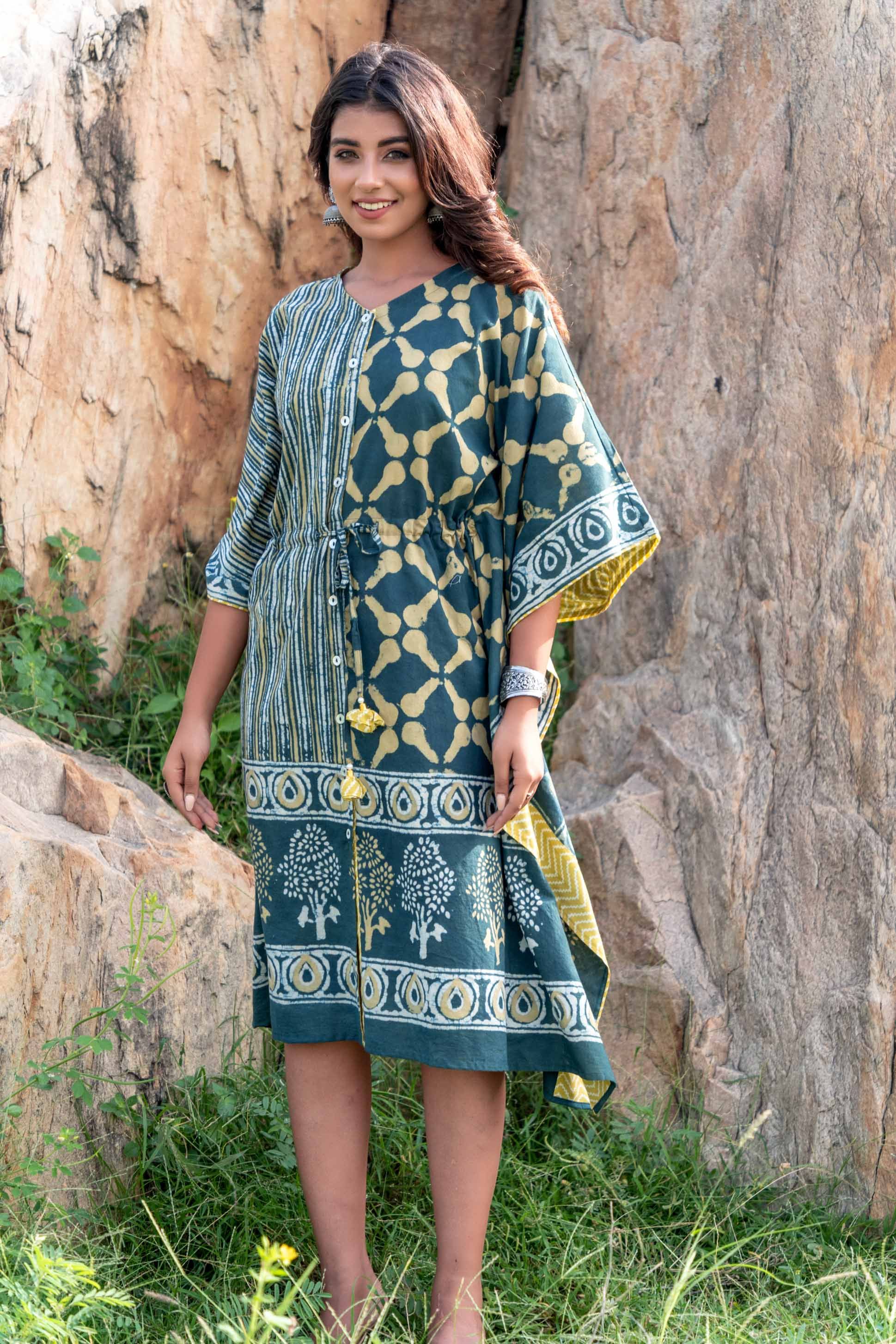 Teal Green Designer Block Print Kaftan Dress