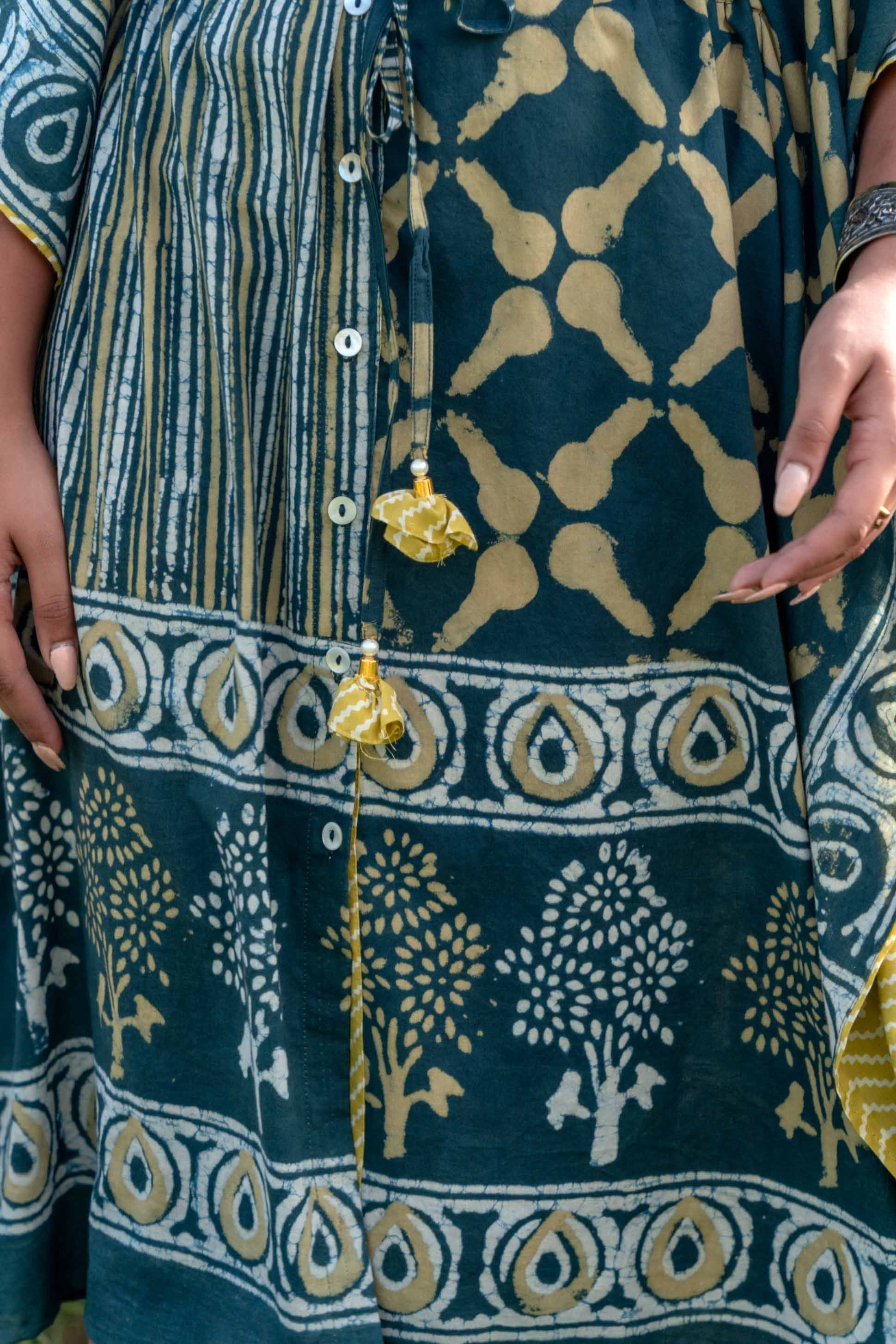 Teal Green Designer Block Print Kaftan Dress