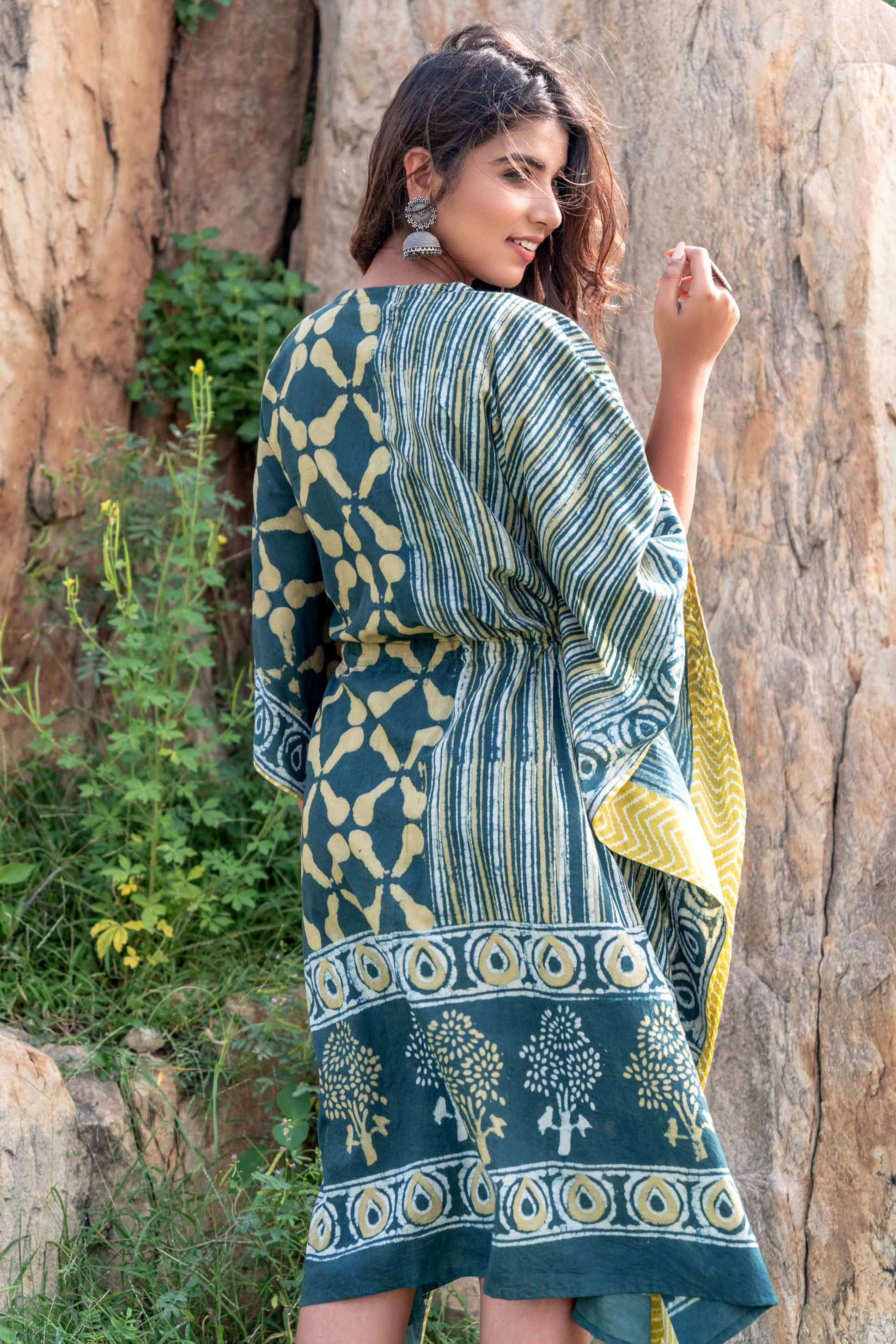 Teal Green Designer Block Print Kaftan Dress