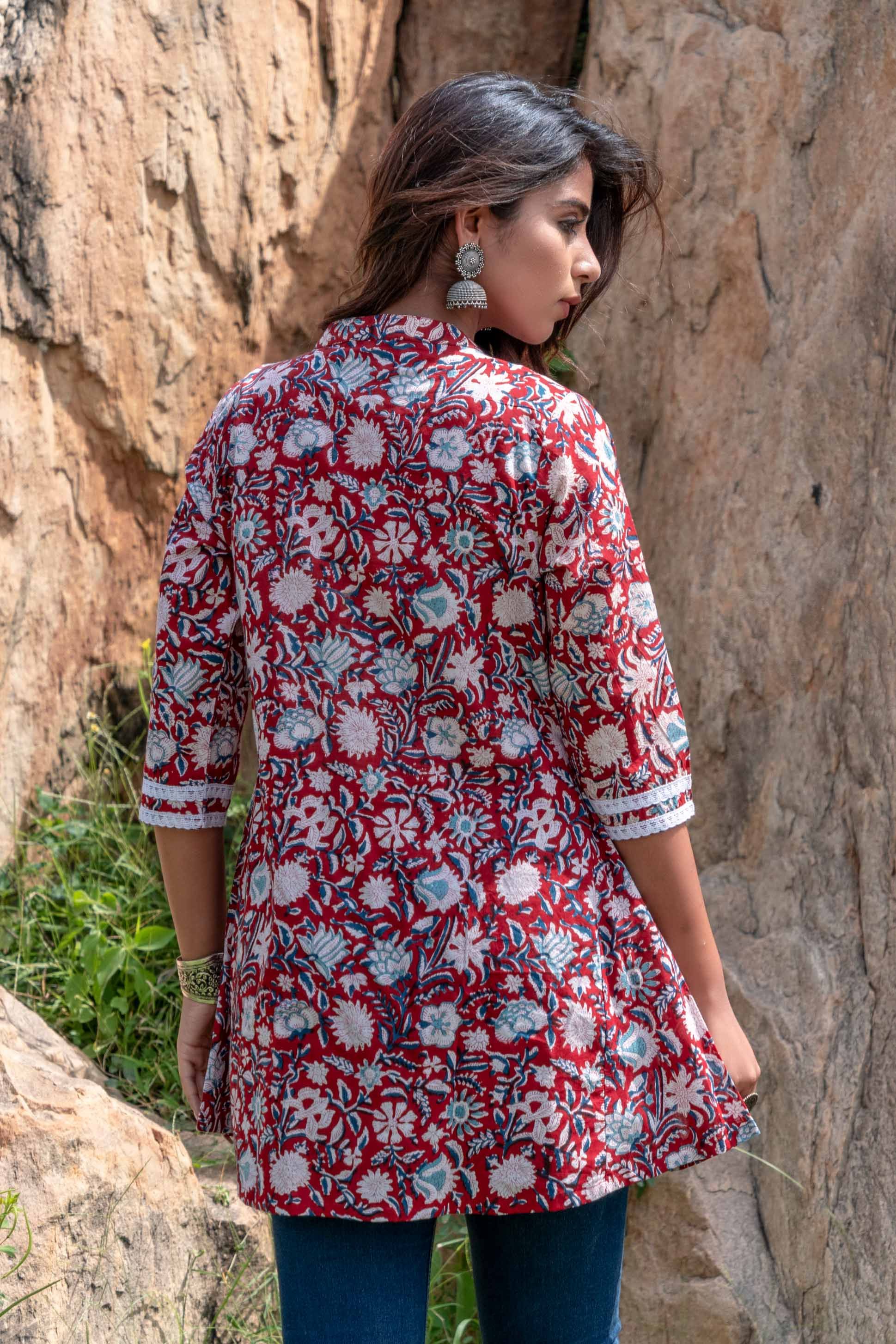 Red Floral Block Print Lace Top