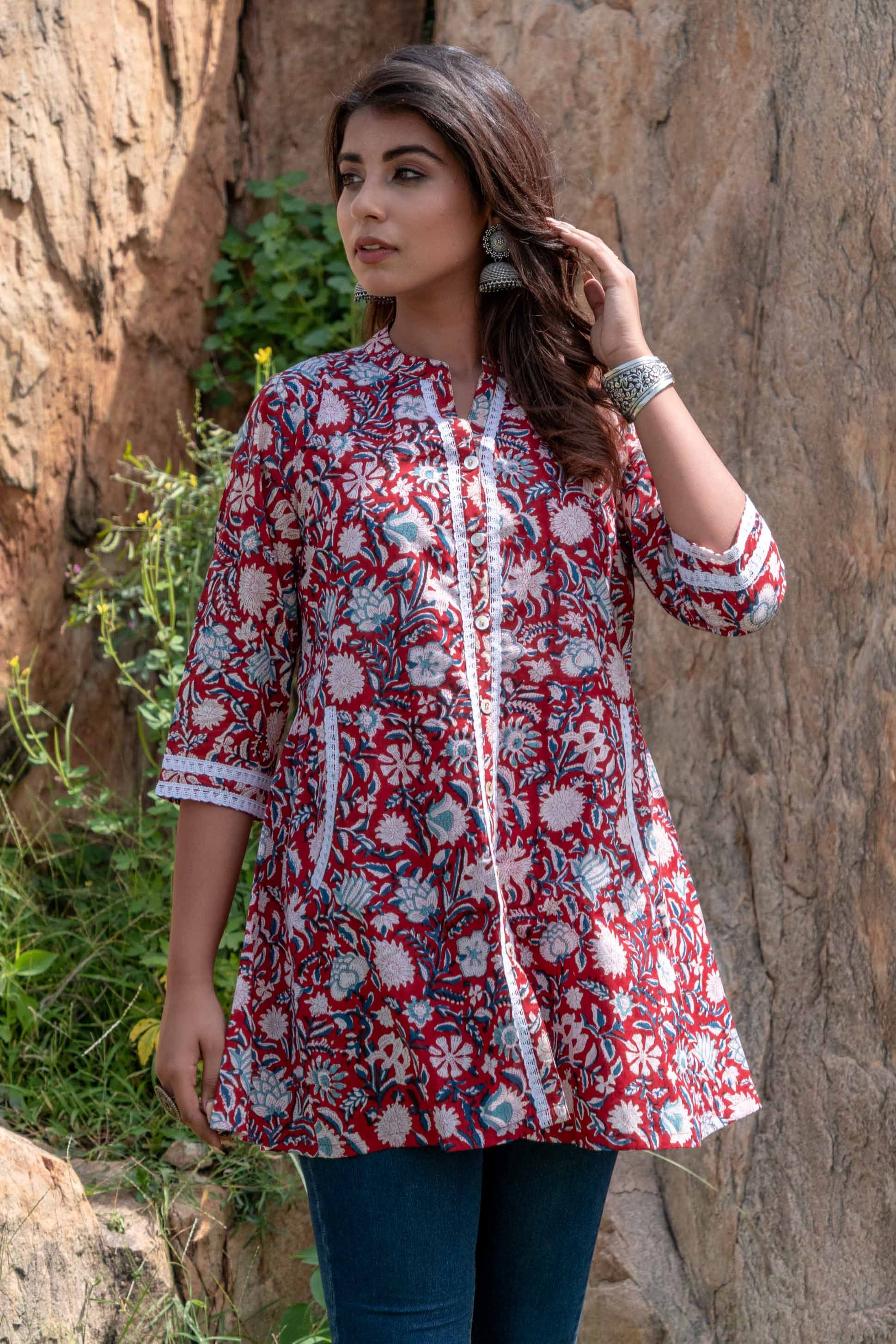 Red Floral Block Print Lace Top