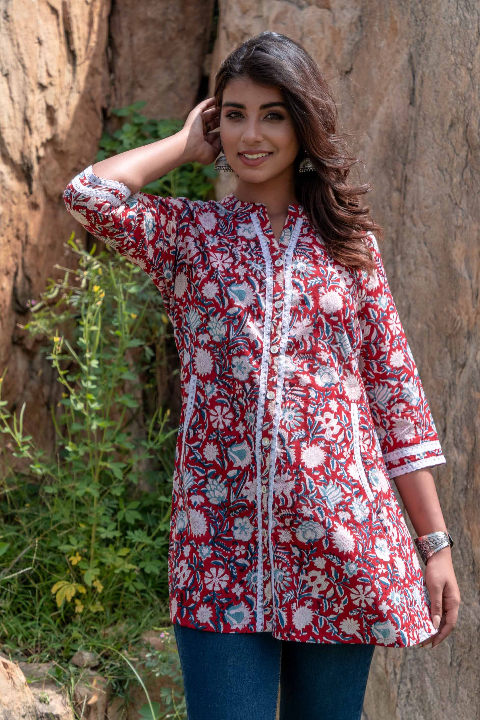 Red Floral Block Print Lace Top