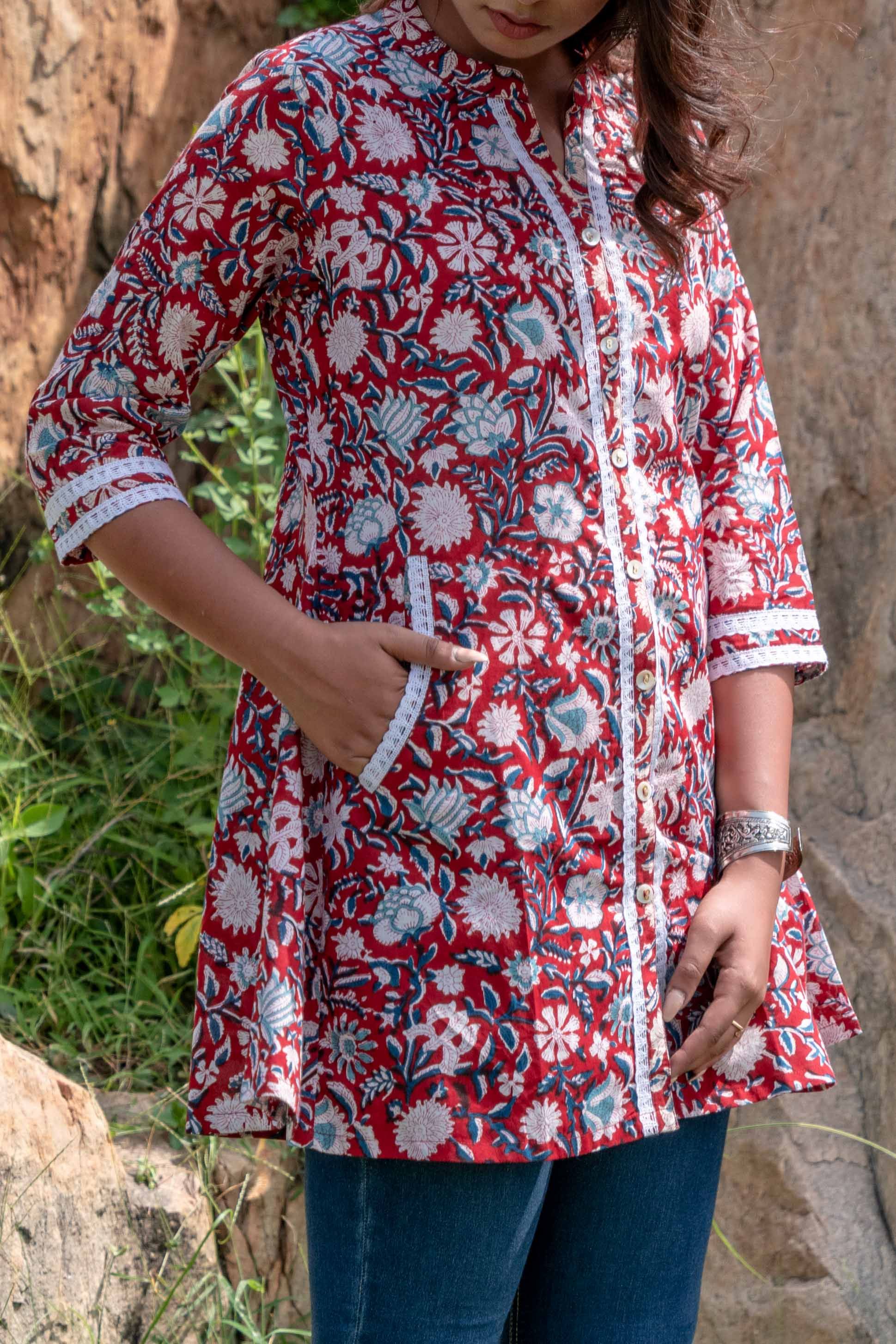 Red Floral Block Print Lace Top