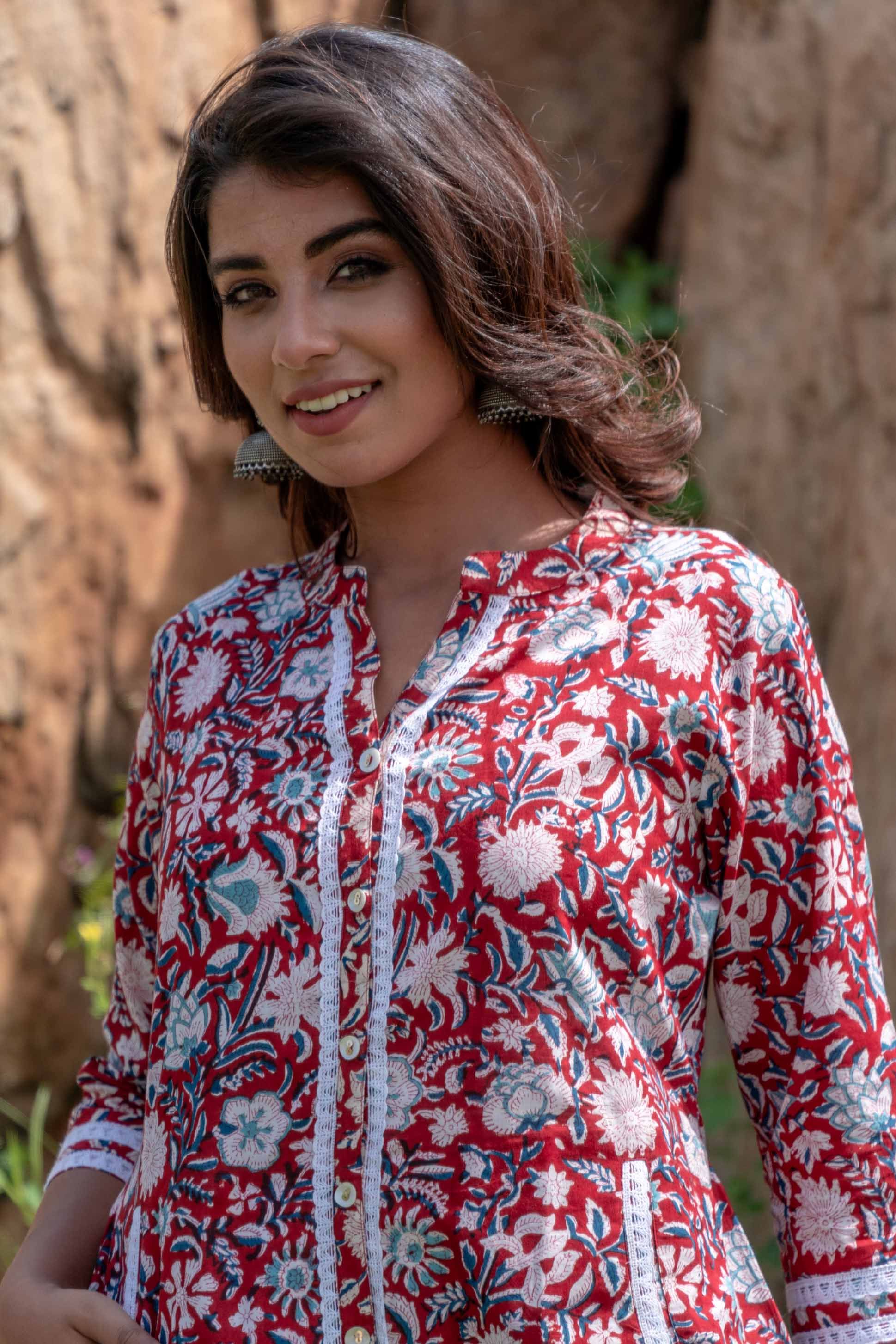 Red Floral Block Print Lace Top