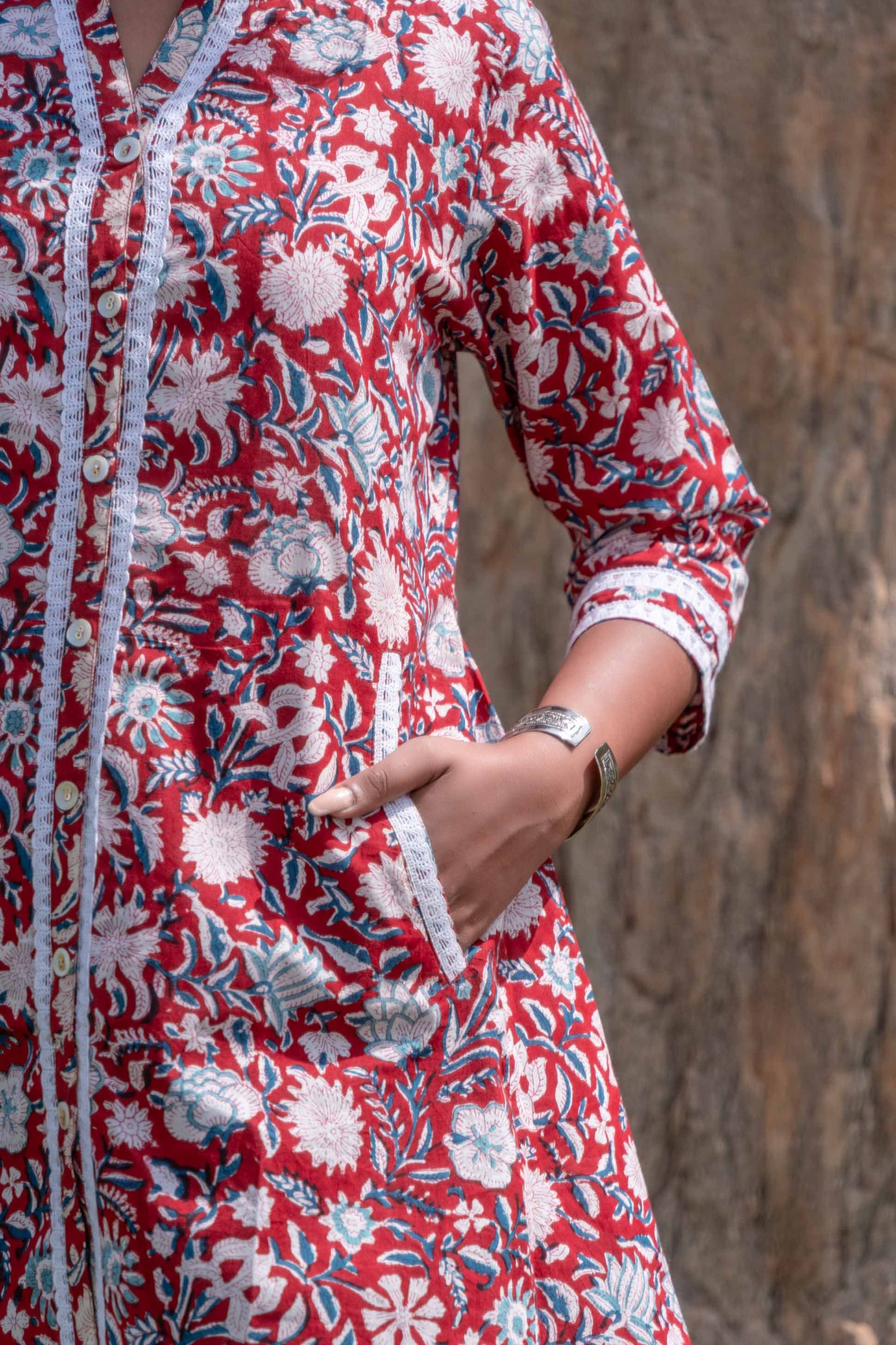 Red Floral Block Print Lace Top