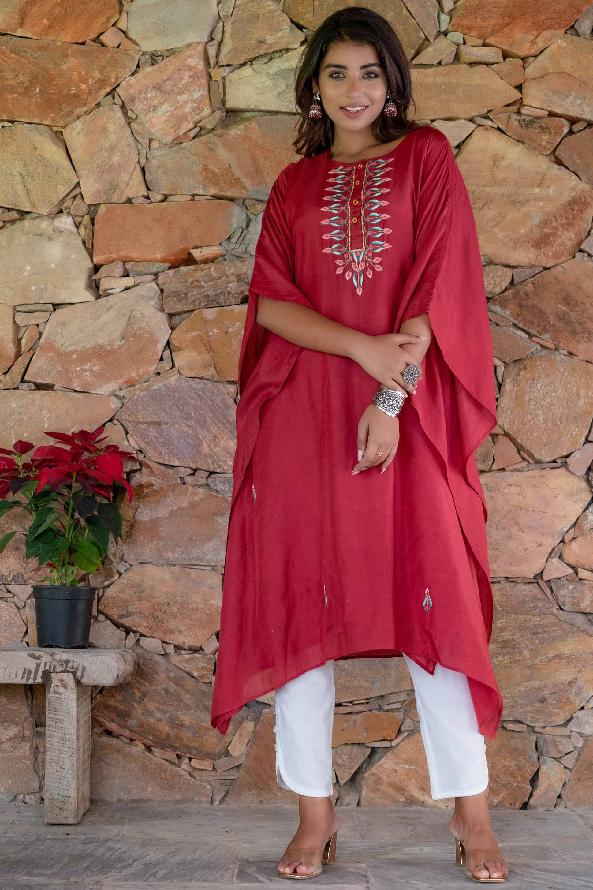 Cranberry Red Embroidered Muslin Silk Kaftan Dress Set