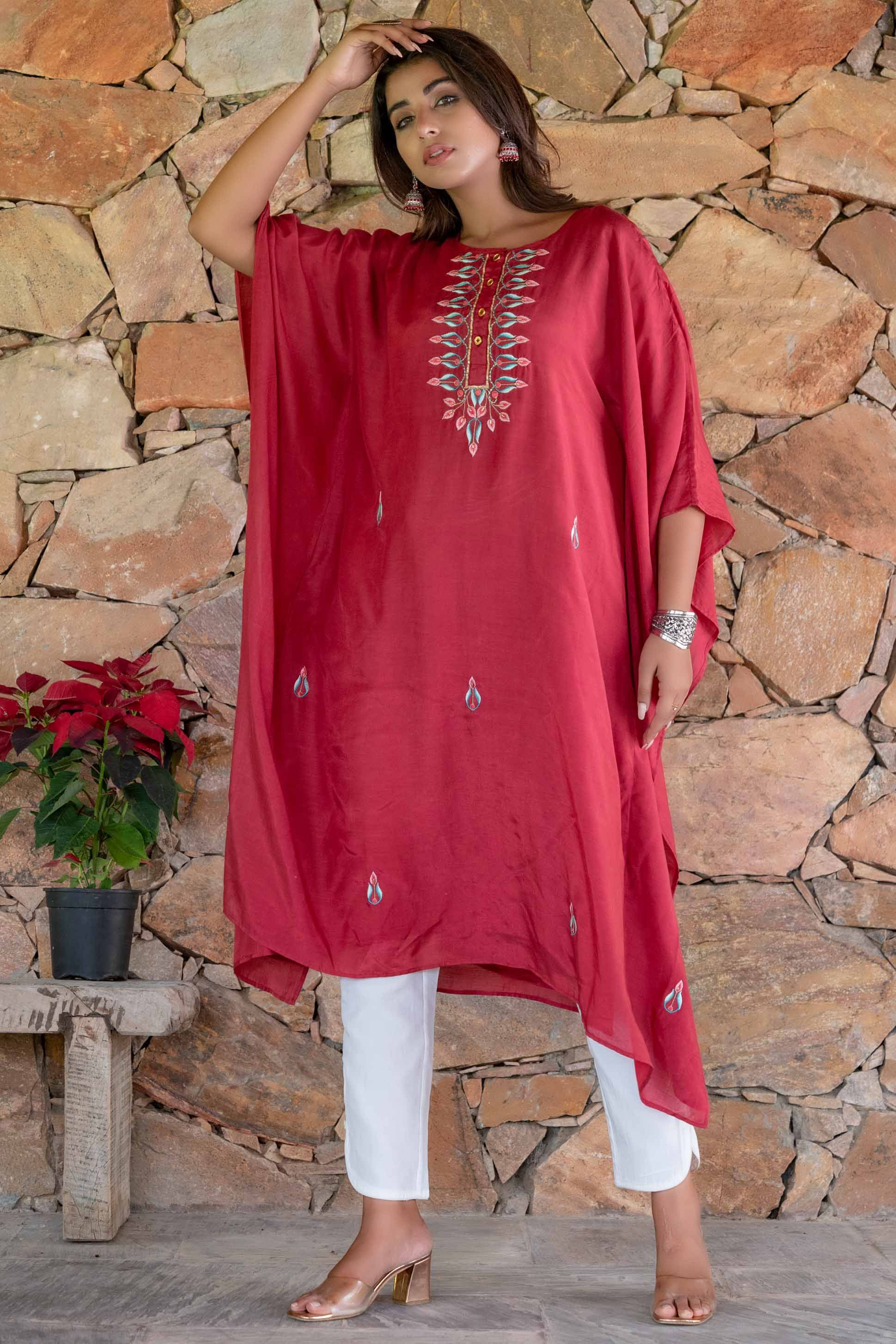 Cranberry Red Embroidered Muslin Silk Kaftan Dress Set