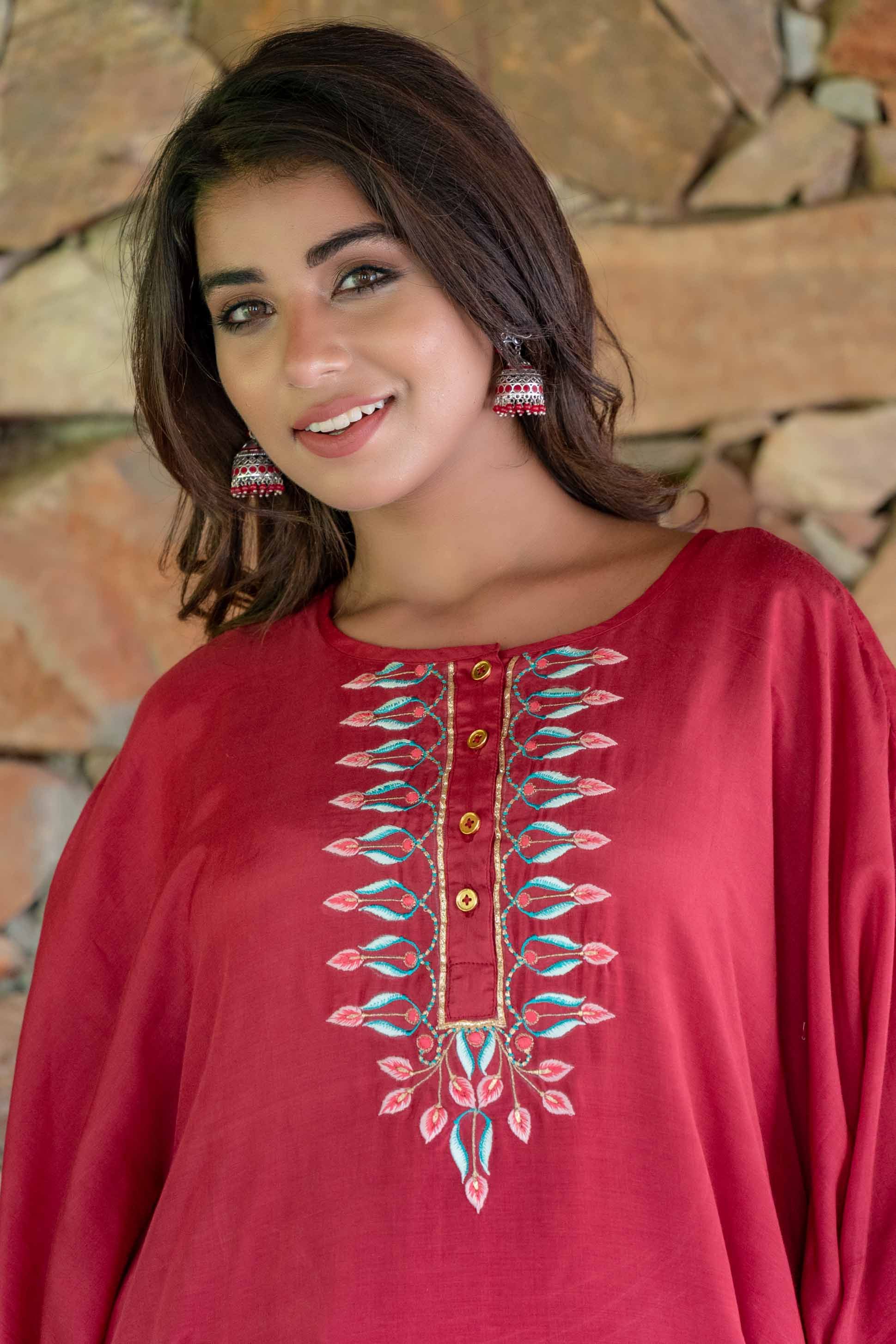 Cranberry Red Embroidered Muslin Silk Kaftan Dress Set