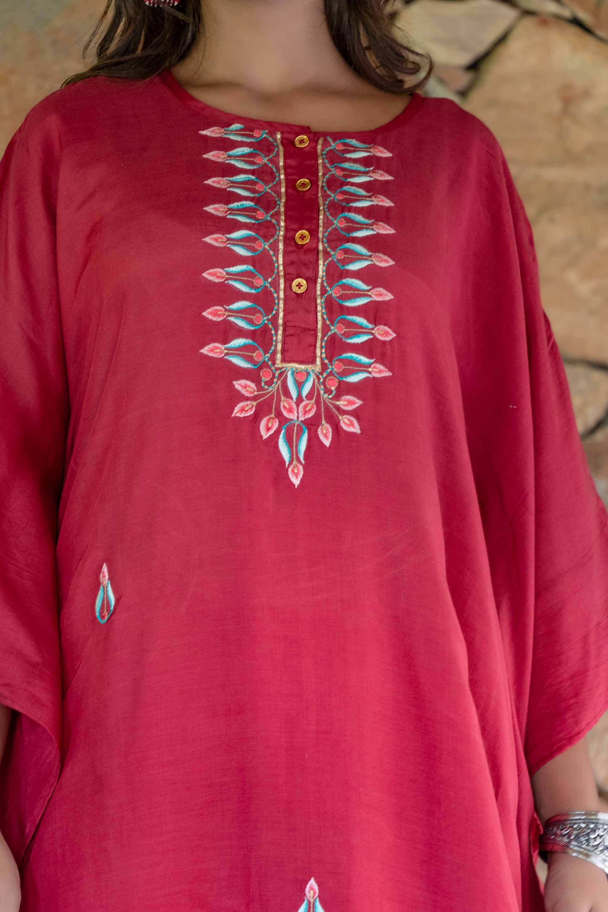 Cranberry Red Embroidered Muslin Silk Kaftan Dress Set