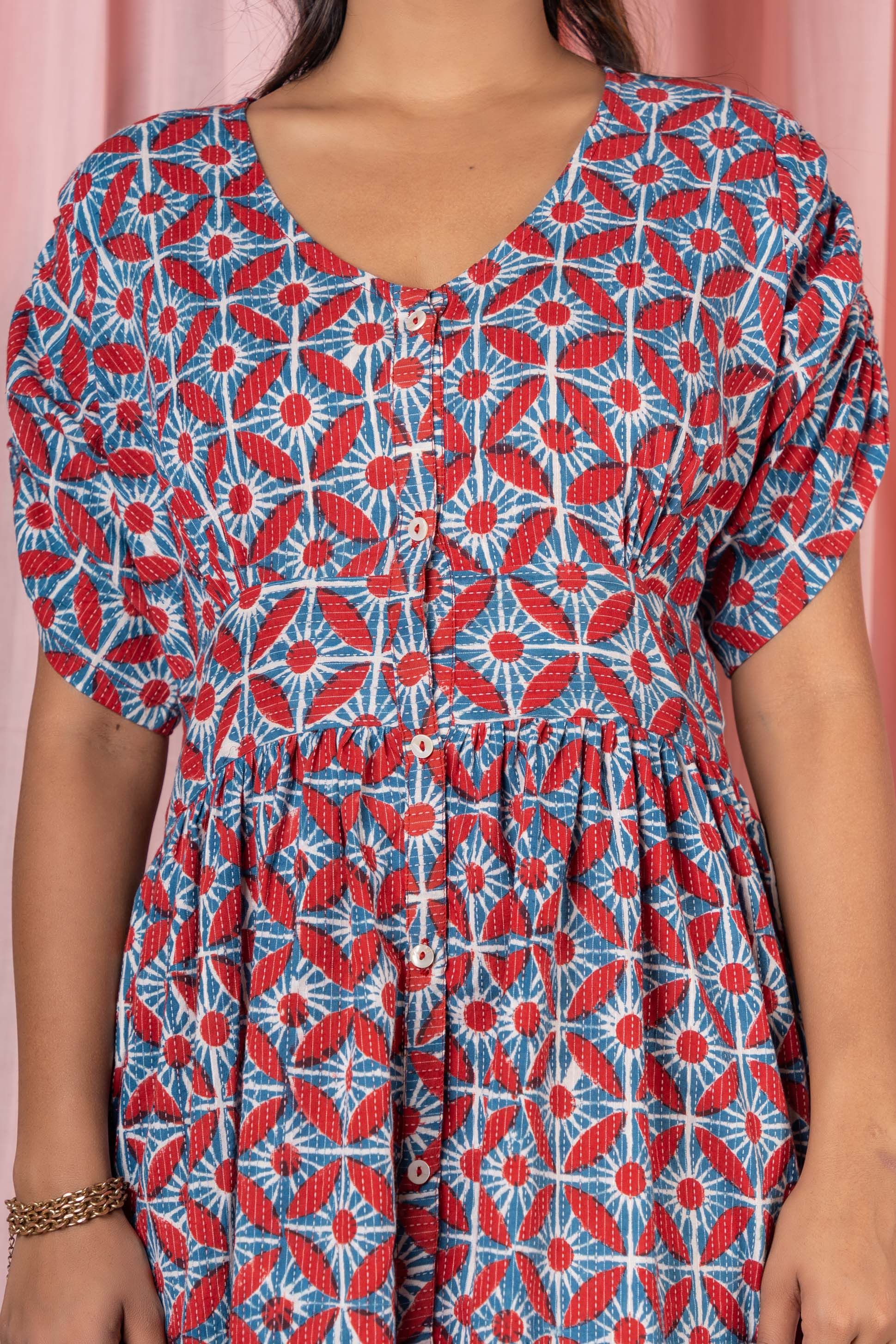 Block Printed Kantha Gather Dress