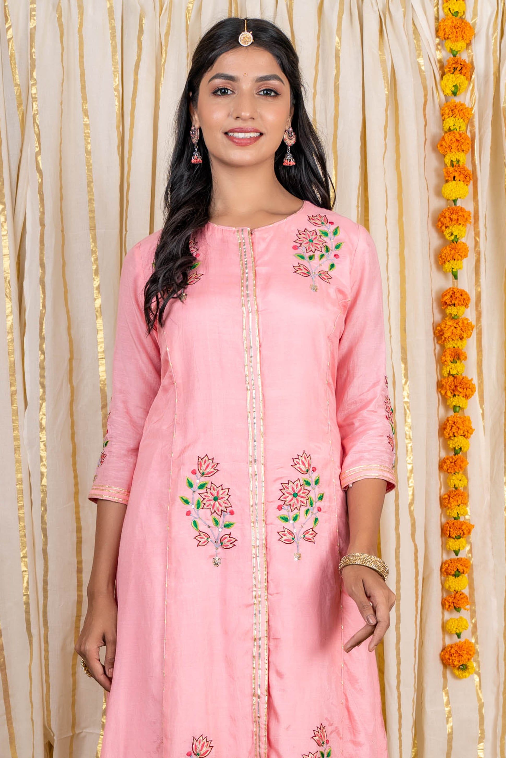 Pink Embroidered Muslin Silk A Line Kurta 