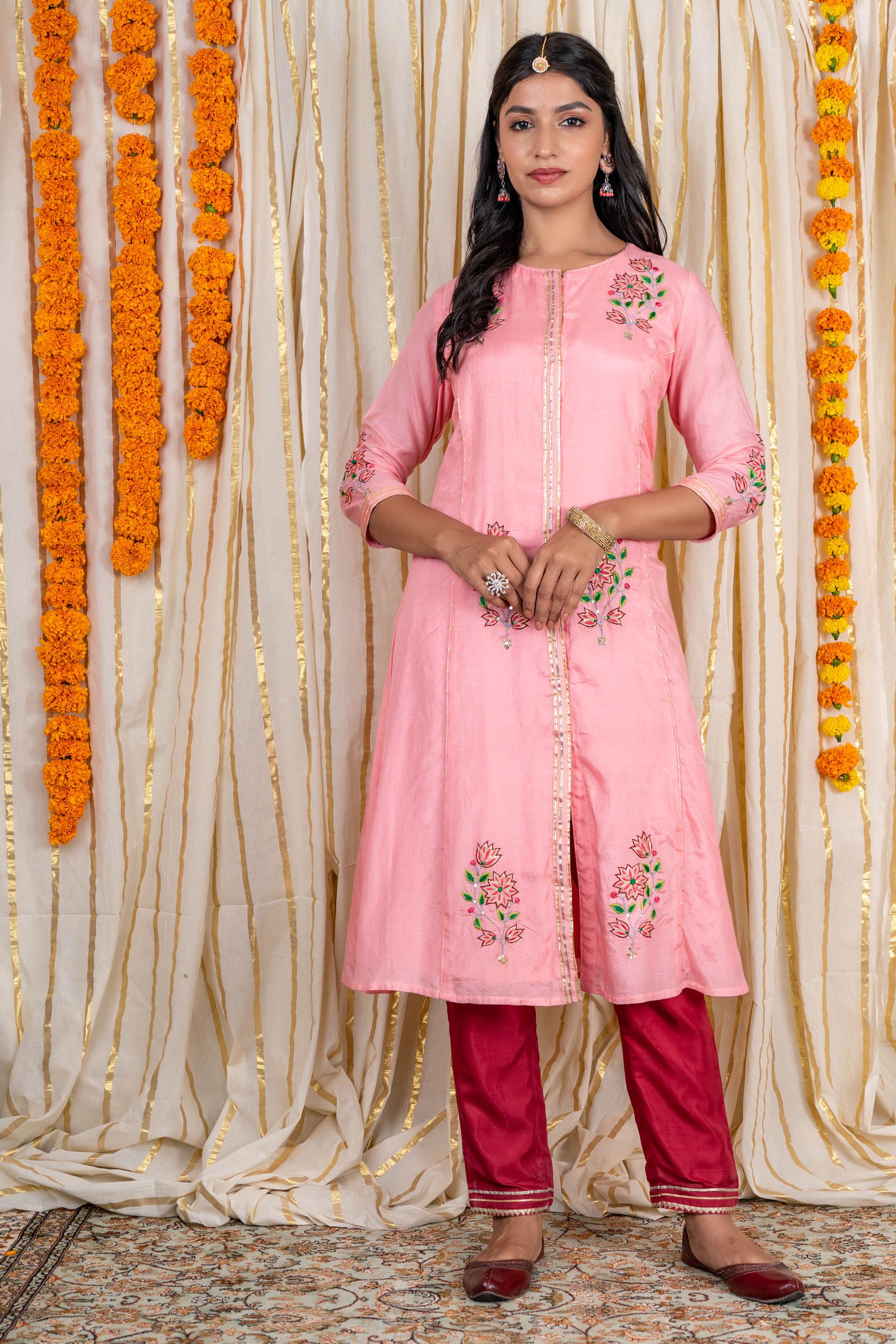 Pink Embroidered Muslin Silk A Line Kurta 