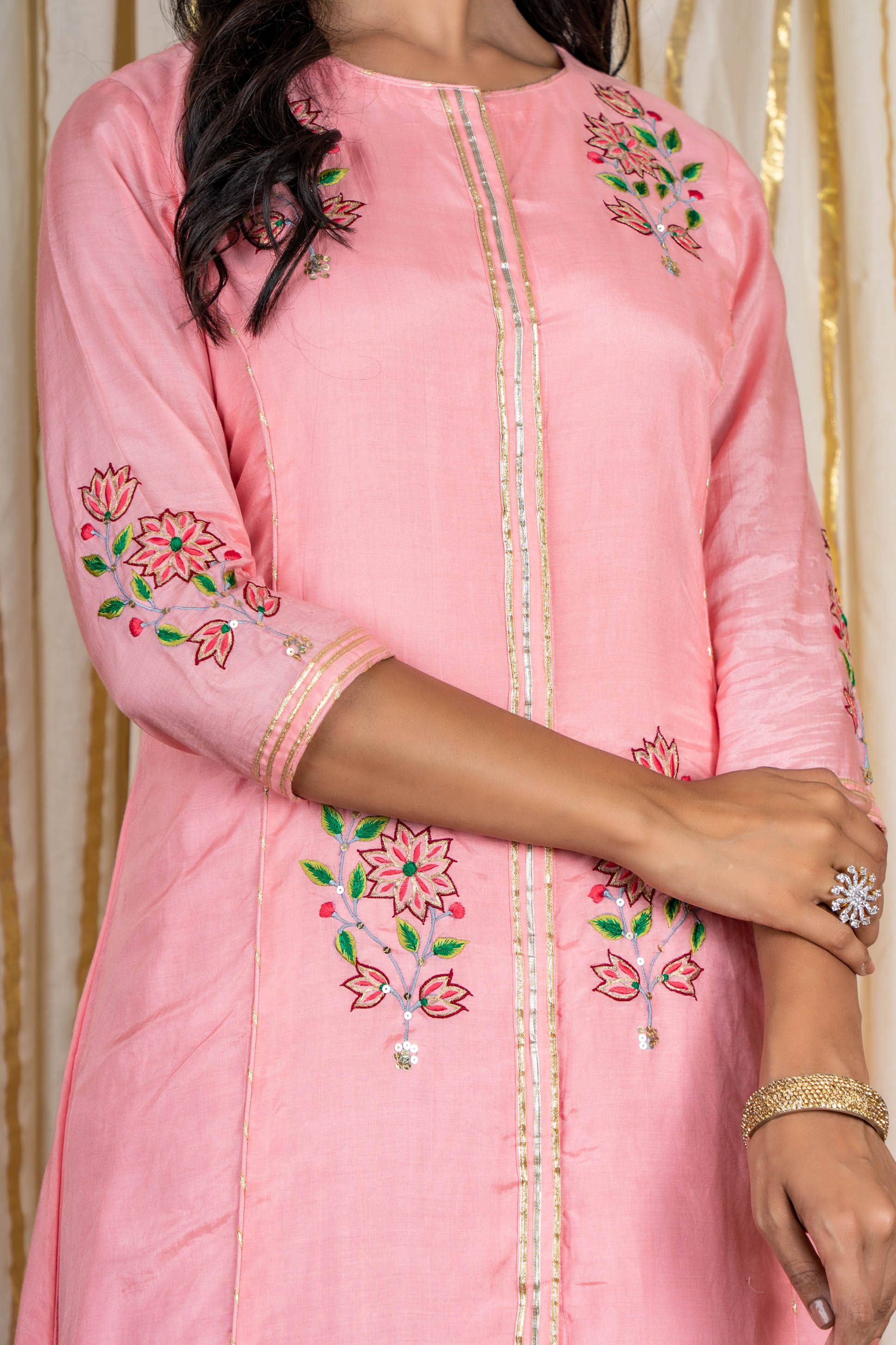 Pink Embroidered Muslin Silk A Line Kurta 