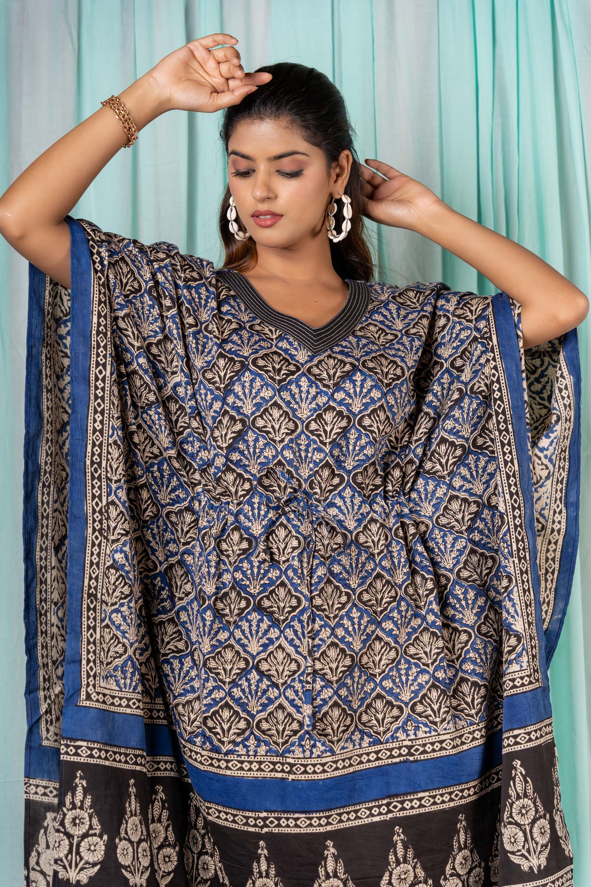 Black Blue Mercedised Cotton Kaftan