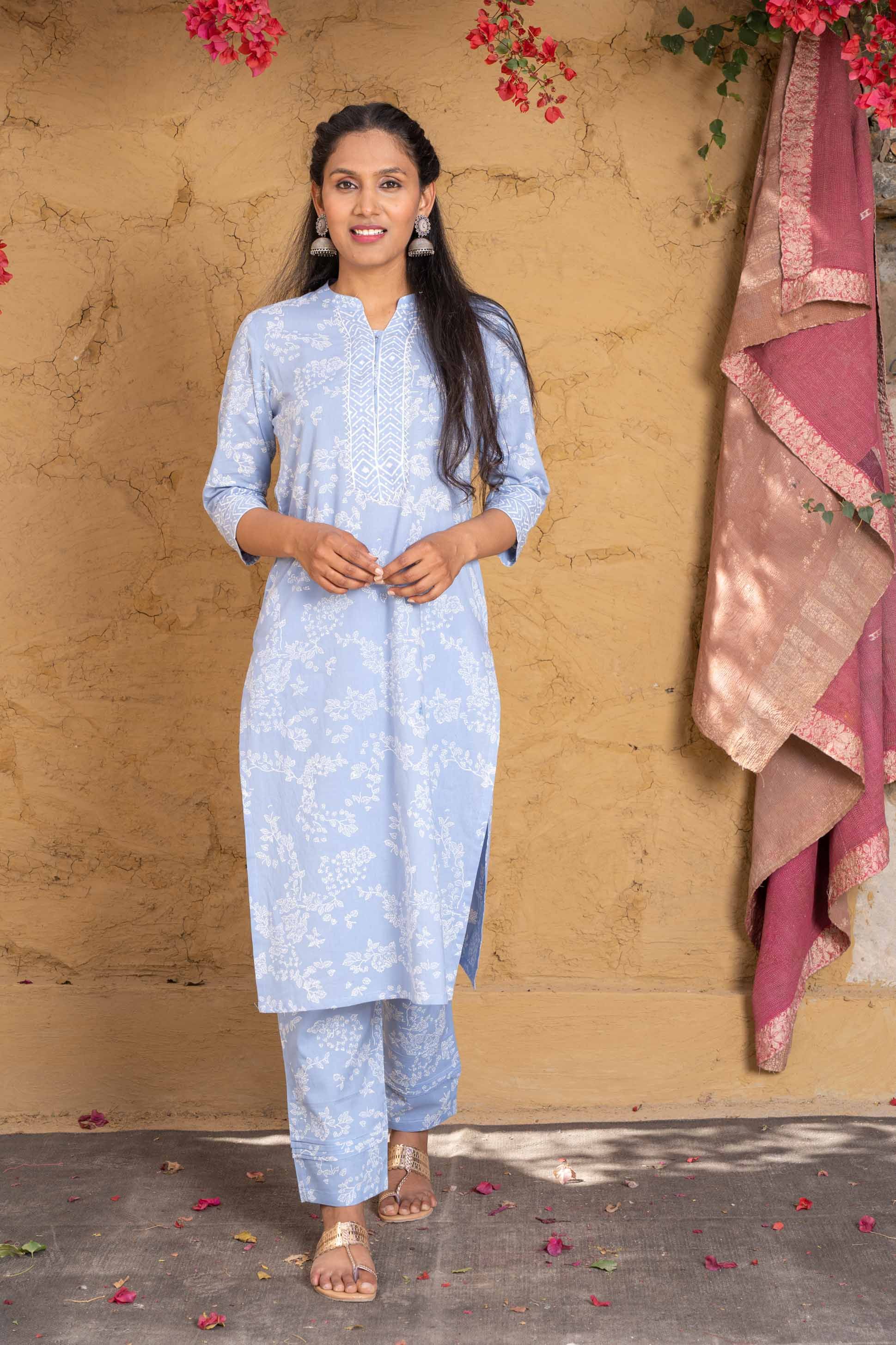 Ice Blue Block Printed Kurta 