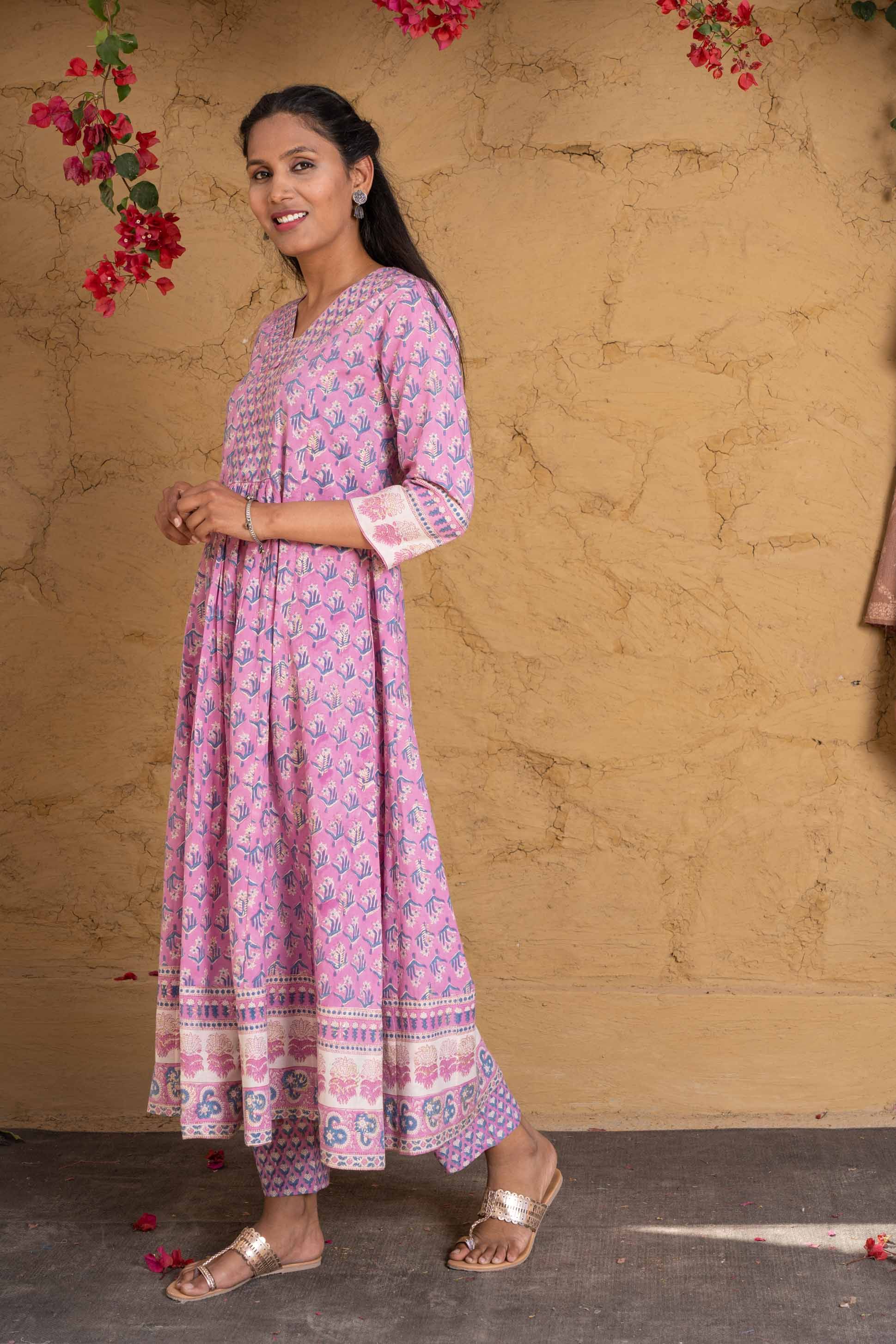 Violet Block Printed Cotton Kurta 