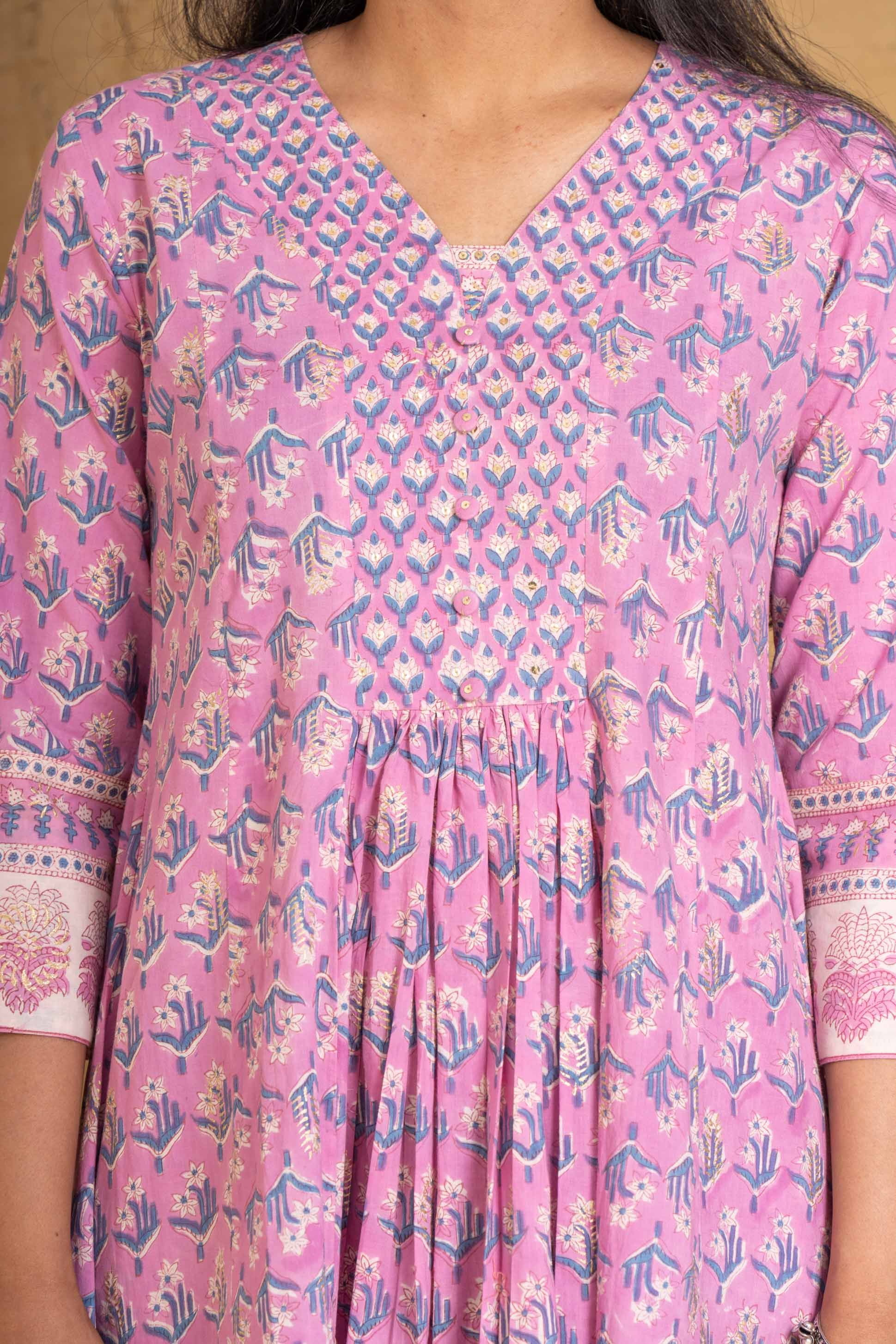 Violet Block Printed Cotton Kurta 