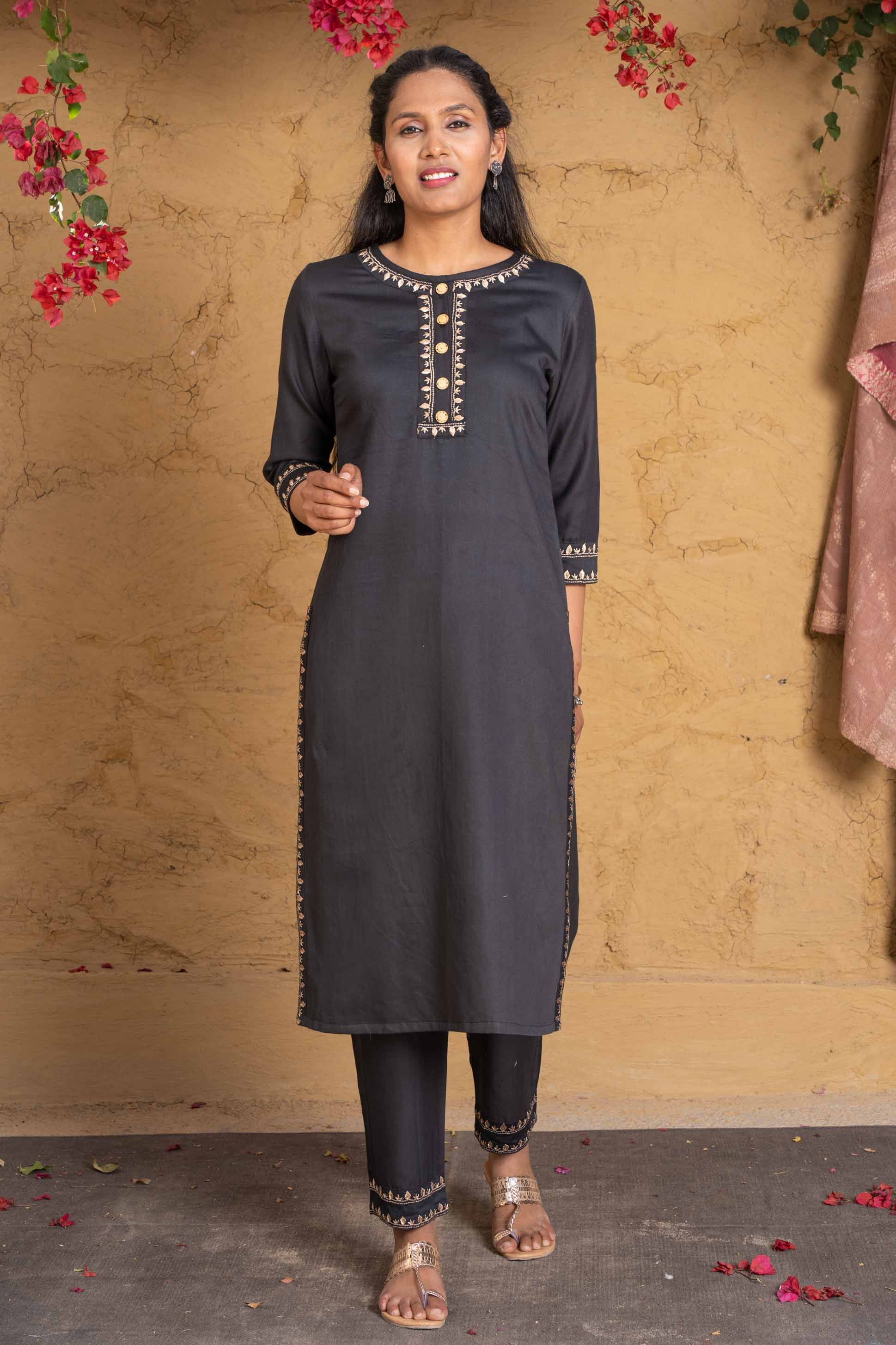 Golden Black Embroidered Kurta 