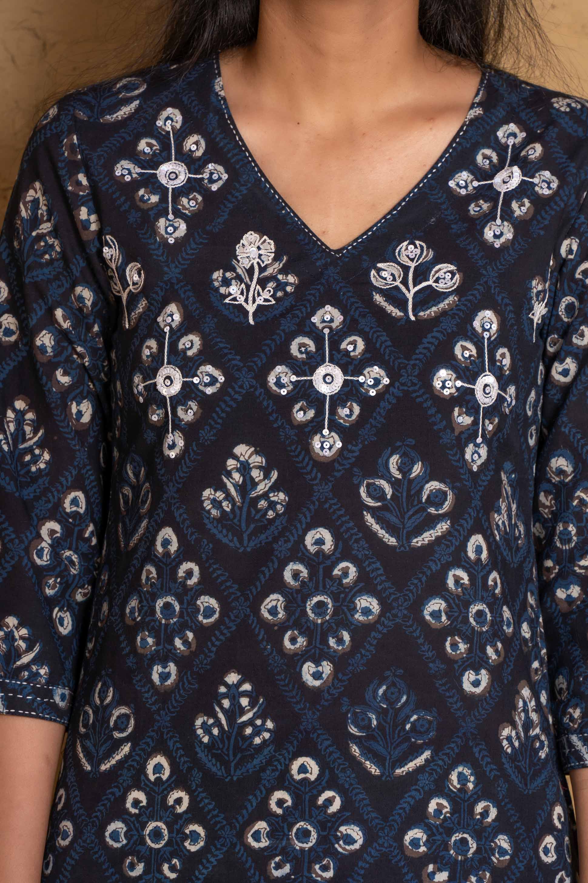 Ajrakh Embroidered Block Printed Kurta