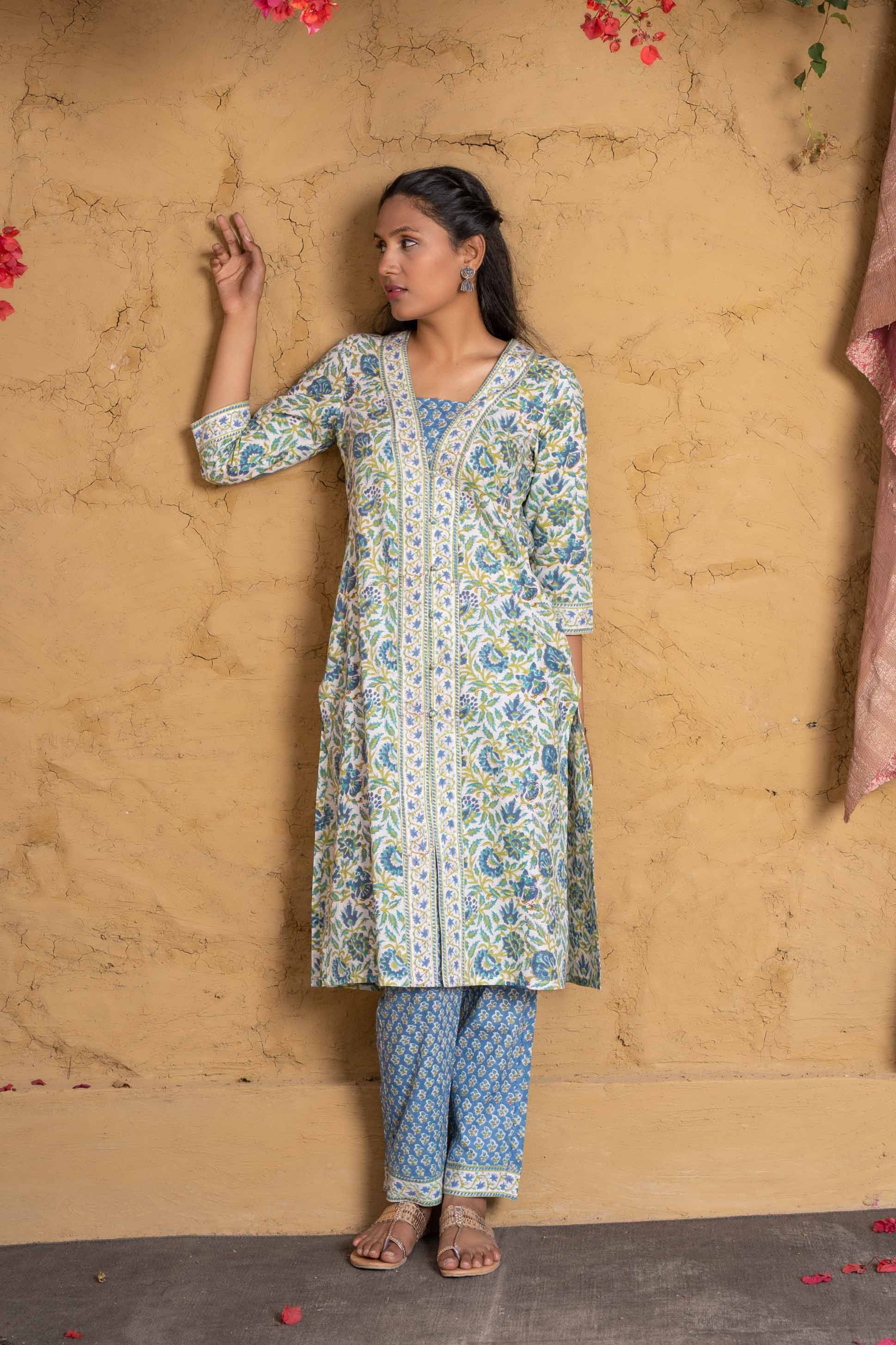 Aquarian Green Block Printed Kurta 