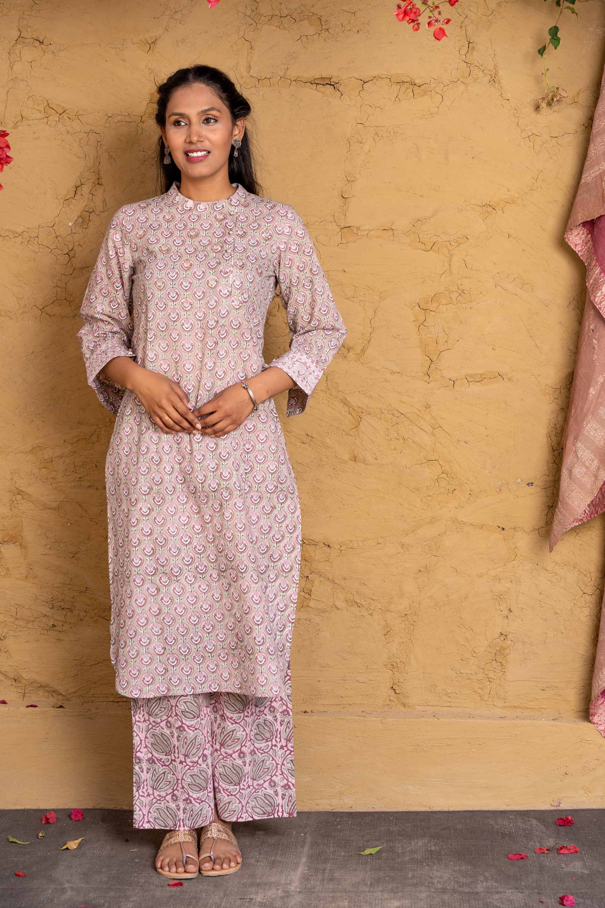 Beige Liliac Block Printed Kurta