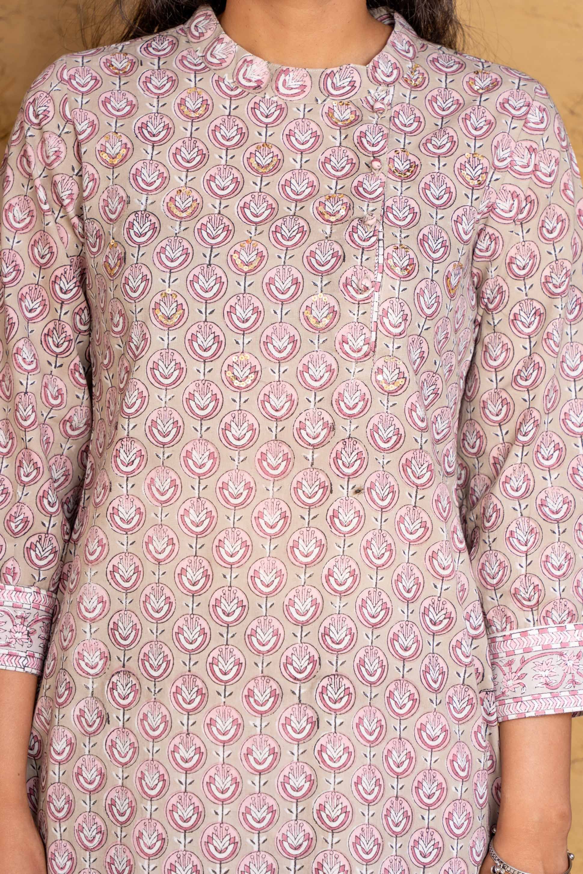 Beige Liliac Block Printed Kurta