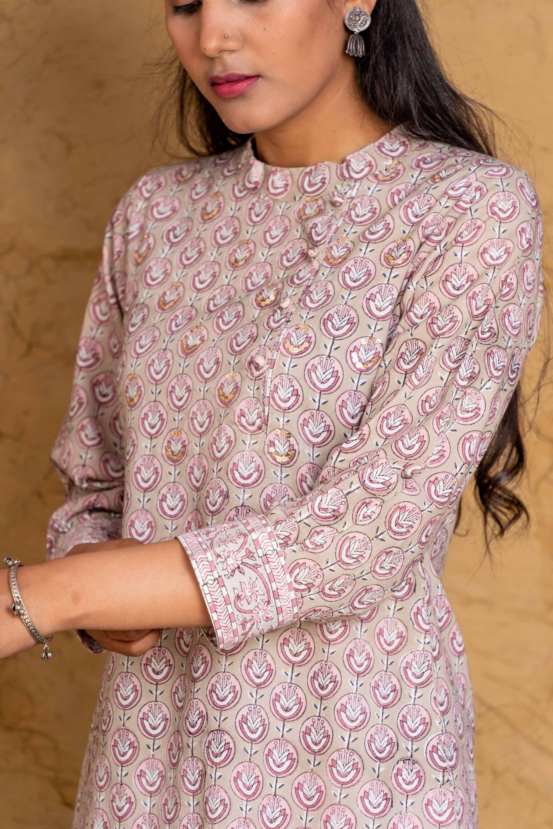 Beige Liliac Block Printed Kurta