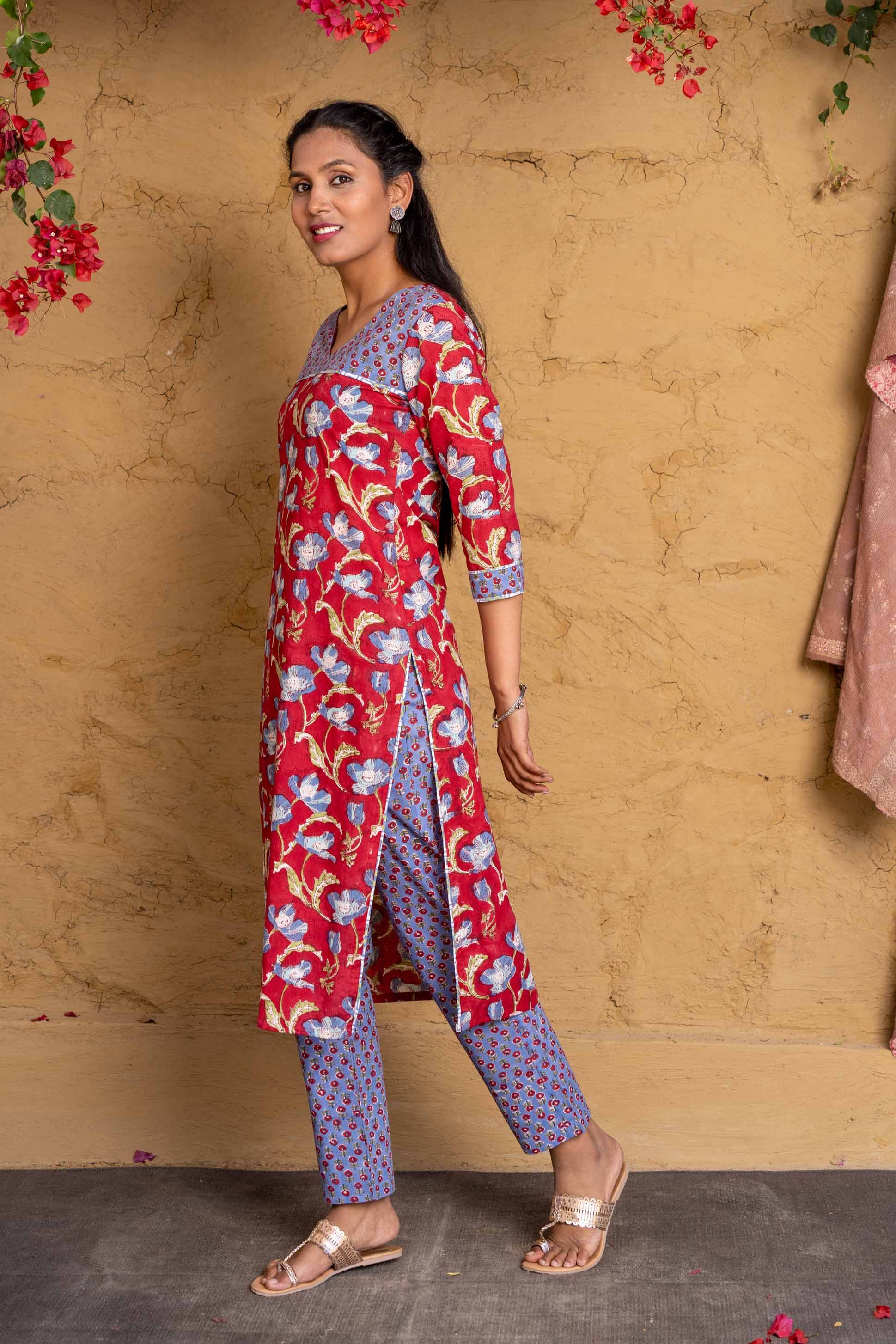 Red Blue Block Printed Kurta 