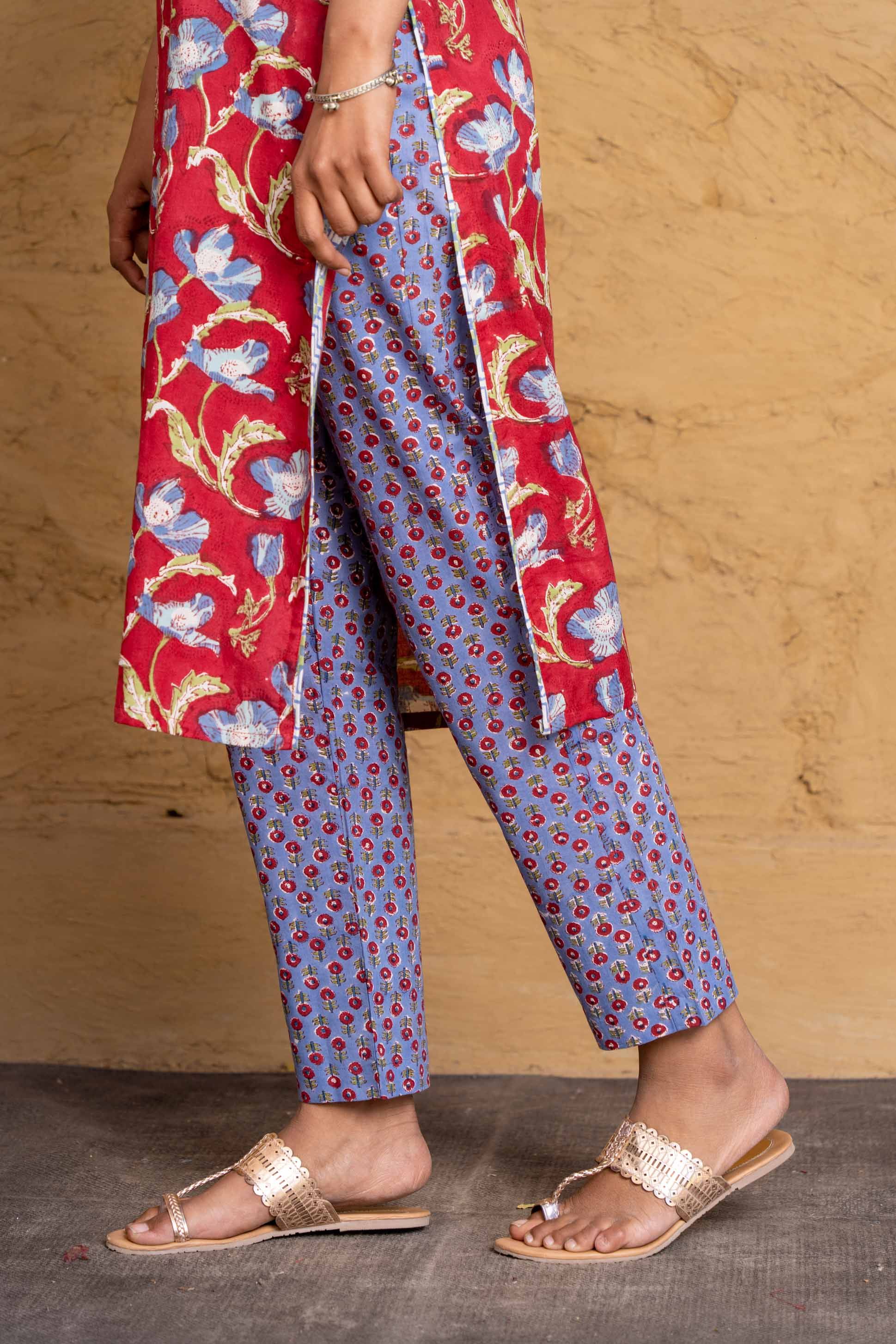 Red Blue Block Printed Kurta Set