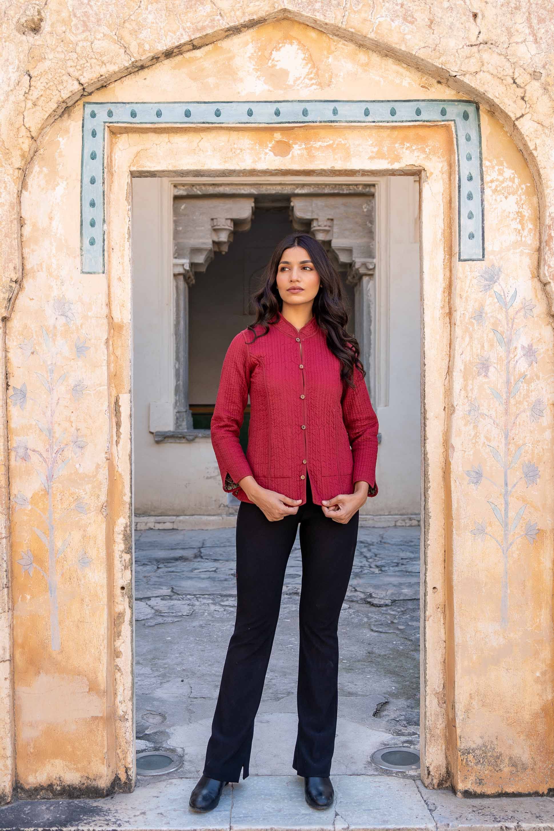 Ajrakh Red Reversible Block Printed Quilted Jacket