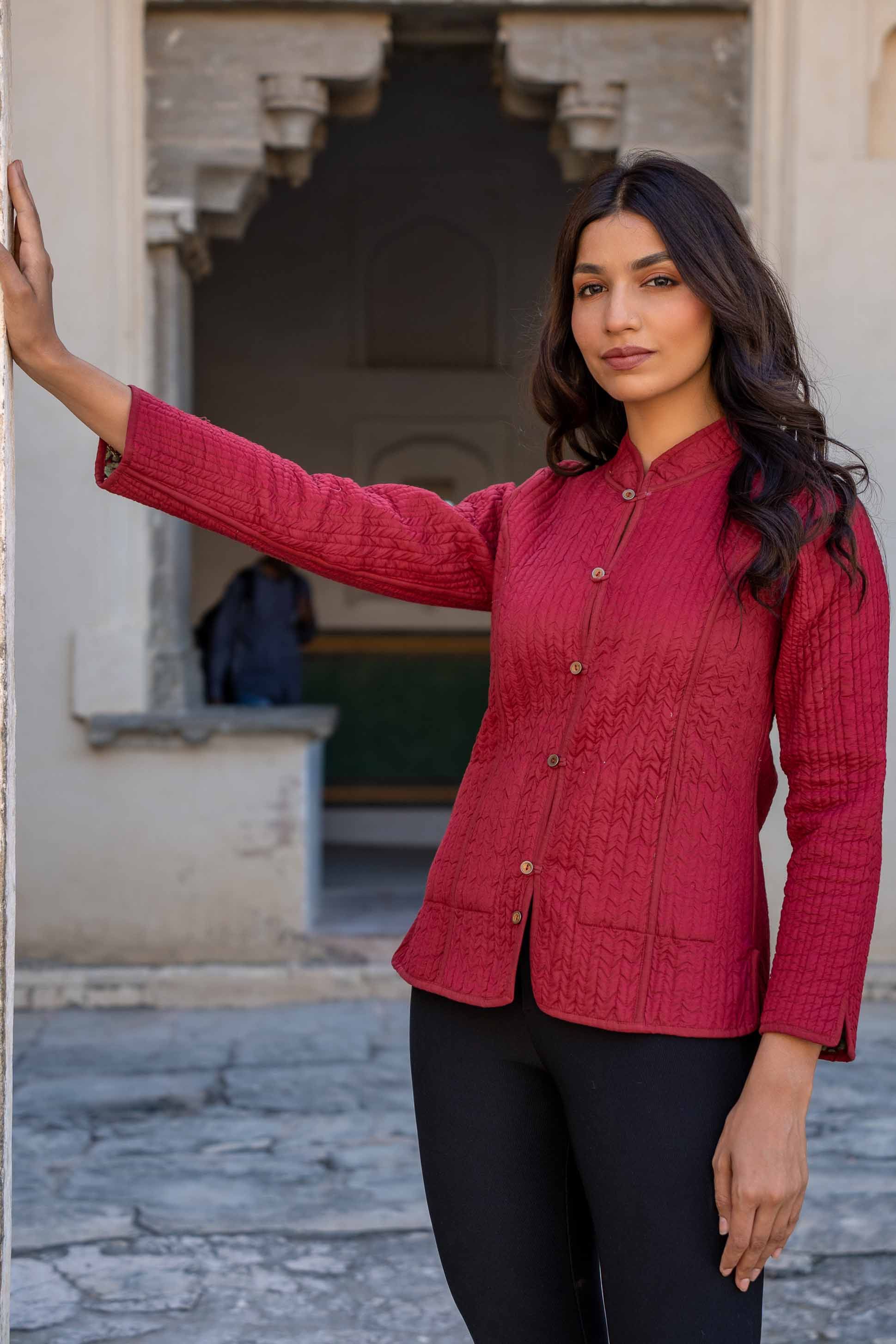 Ajrakh Red Reversible Block Printed Quilted Jacket