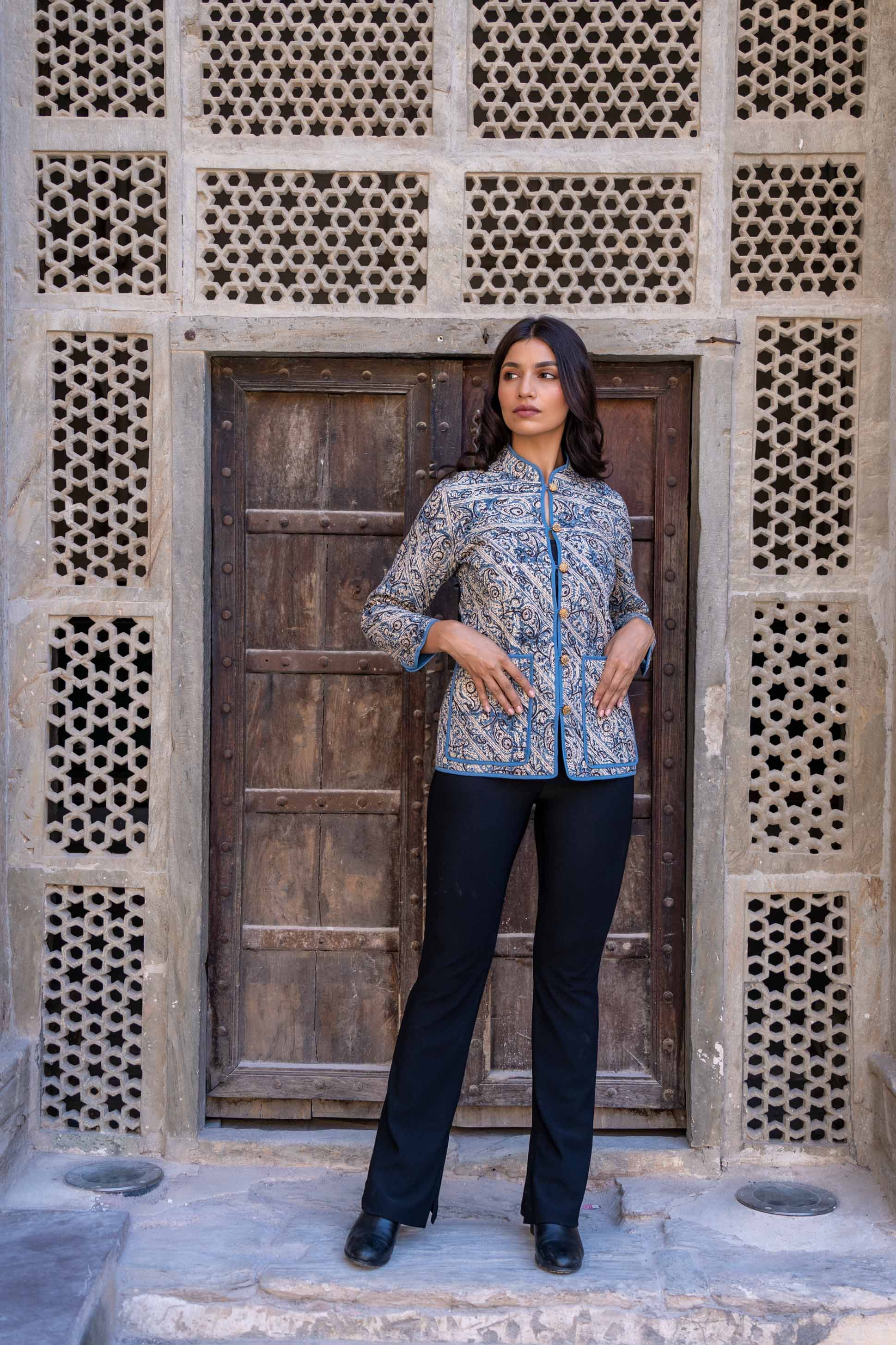 Blue Kalamkari Reversible Cotton Quilted Jacket